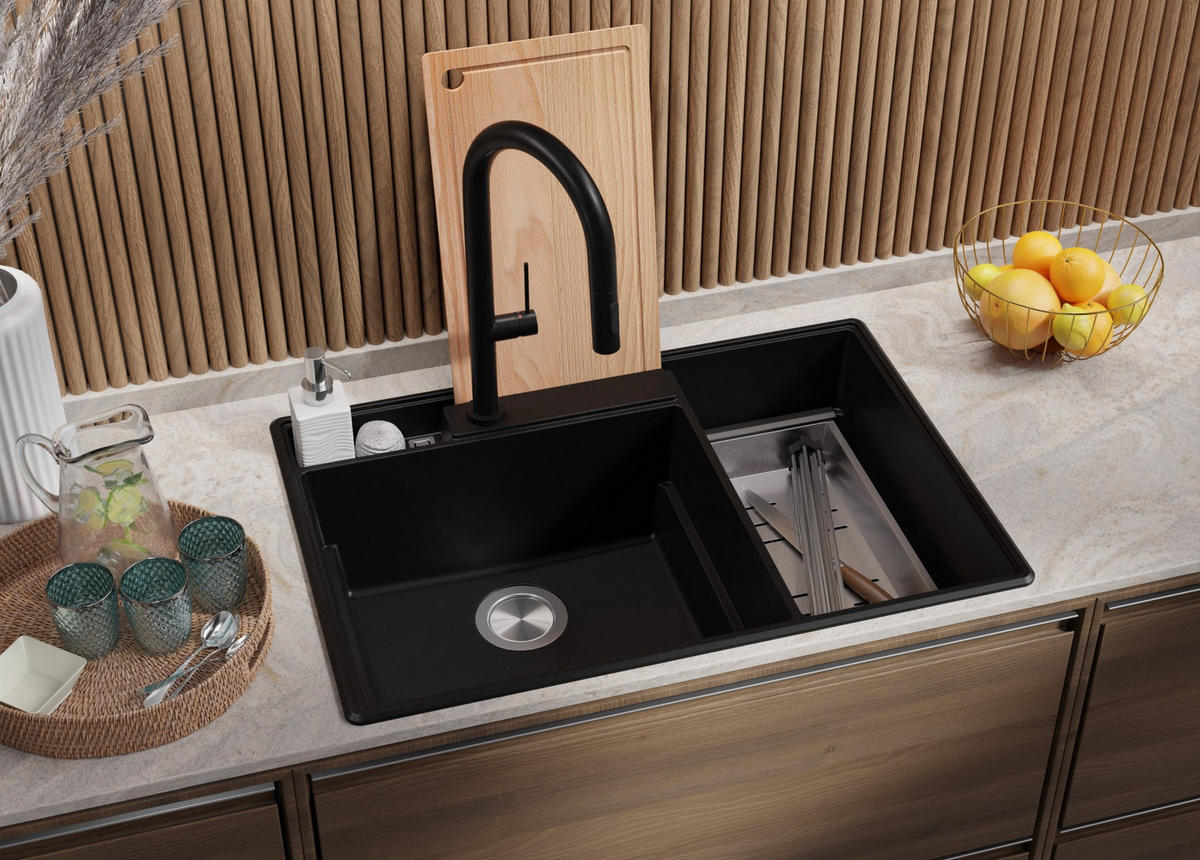 SPÜLBECKEN Paris, 2-er set Schwarz 78/53 cm 2 Becken + Ablauf-Set + Küchenzubehörset ab 80er Unterschrank - Chromfarben/Edelstahlfarben, Kunststoff (78/20/53cm) - Primagran