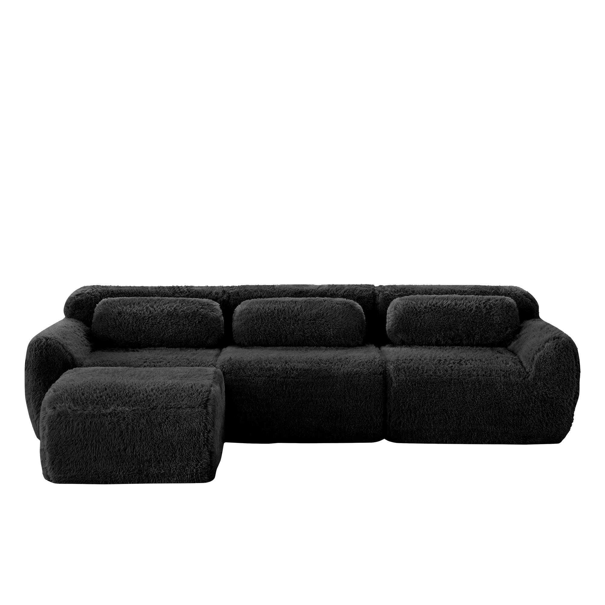 3-SITZER Sofa 291x179x73 cm aus Plüschstoff rahmenlos modular mit Ottoman, schwarz - Schwarz, Textil (179/73/291cm)