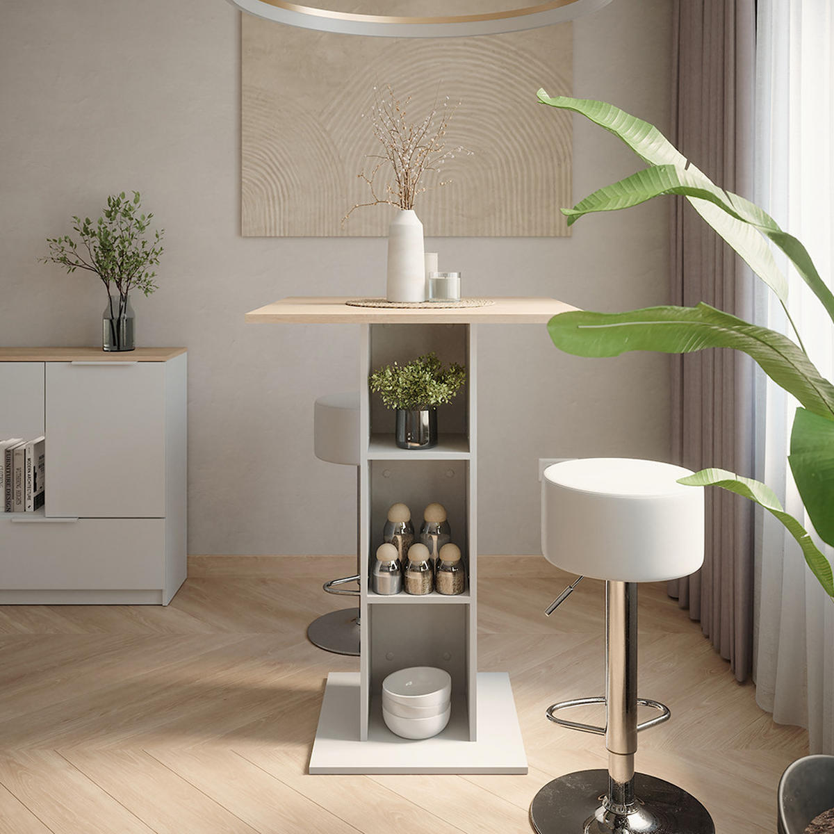 STOJACÍ BAROVÝ STŮL SE ŽIDLEMI Repose Bílá/Sonoma - bílá, kompozitní dřevo (75/75/106cm) - Vicco