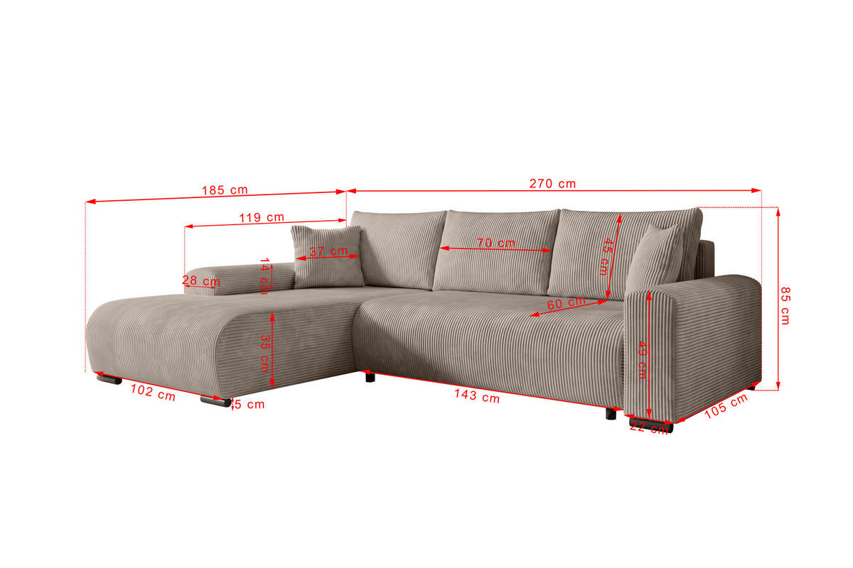 ECKSOFA Nelly mit Bettkasten und Schlaffunktion, Cordstoff in L-Form - Beige, Textil (270/185cm)