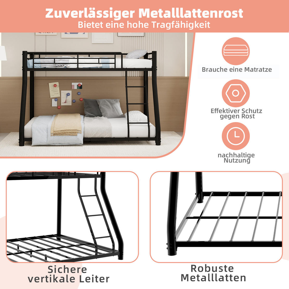 ETAGENBETT 90/190+140/190 mit Leiter und durchgehendem Geländer - Schwarz, Holzwerkstoff (90/190cm) - EVRYAE