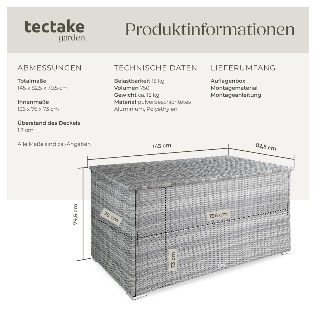 AUFLAGENBOX Oslo,145 x 82,5 x 79,5 cm,hellgrau - Hellgrau, Kunststoff (82.5/79.5/145cm) - tectake
