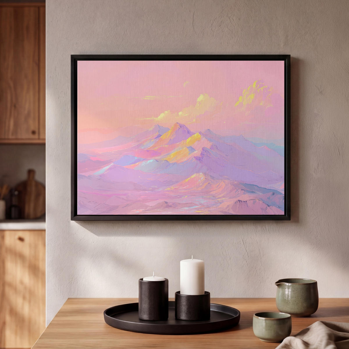 LEINWAND Bilder mit Rahmen - Berggipfel - Wolken - Verträumt - 40x30 - Hellrosa, Textil (40/30cm) - MuchoWow