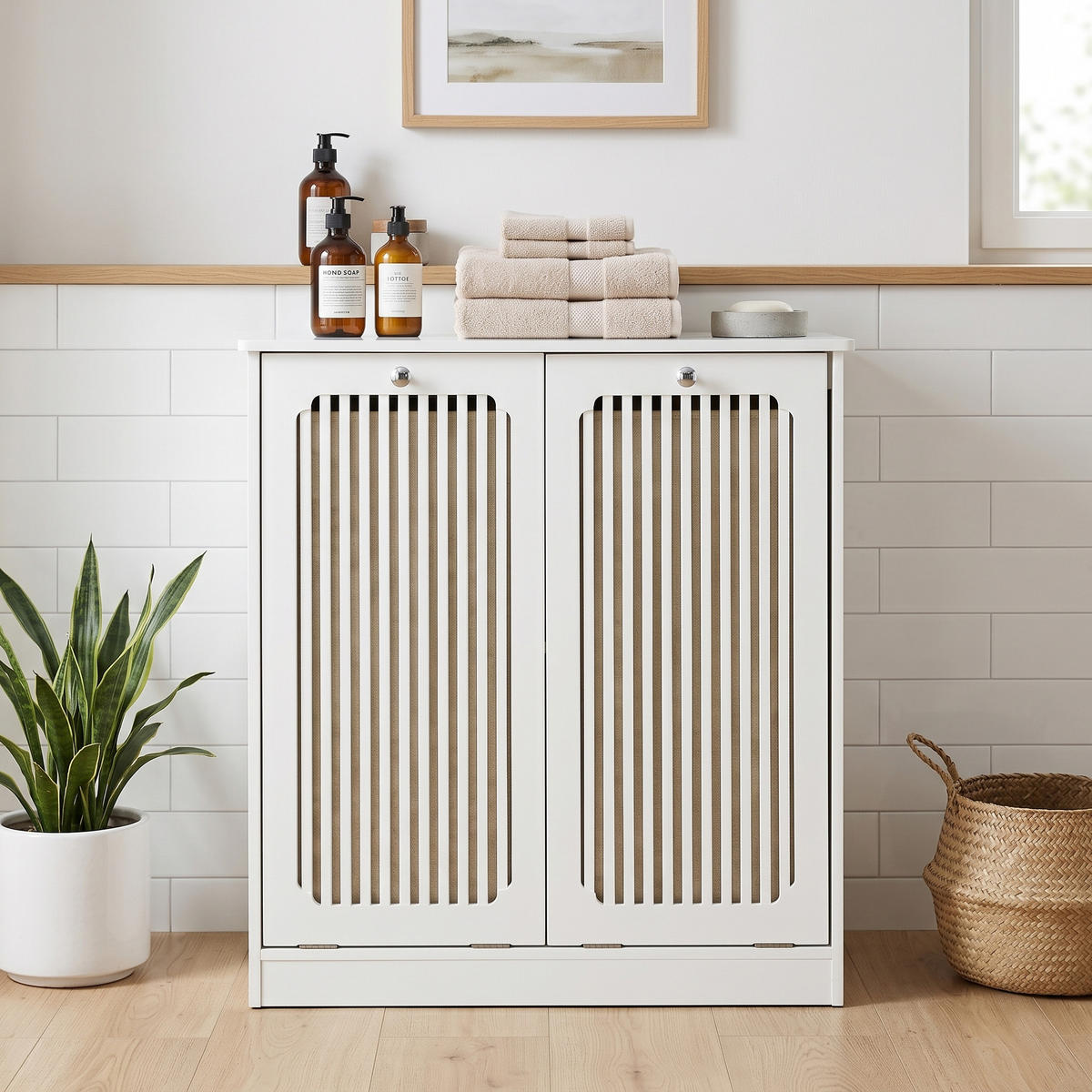WÄSCHESCHRANK Weiß mit Kippbarer Lamellenfront & 2 Stofffächern - Weiß, Holzwerkstoff (66/76/35cm) - Urban Meuble