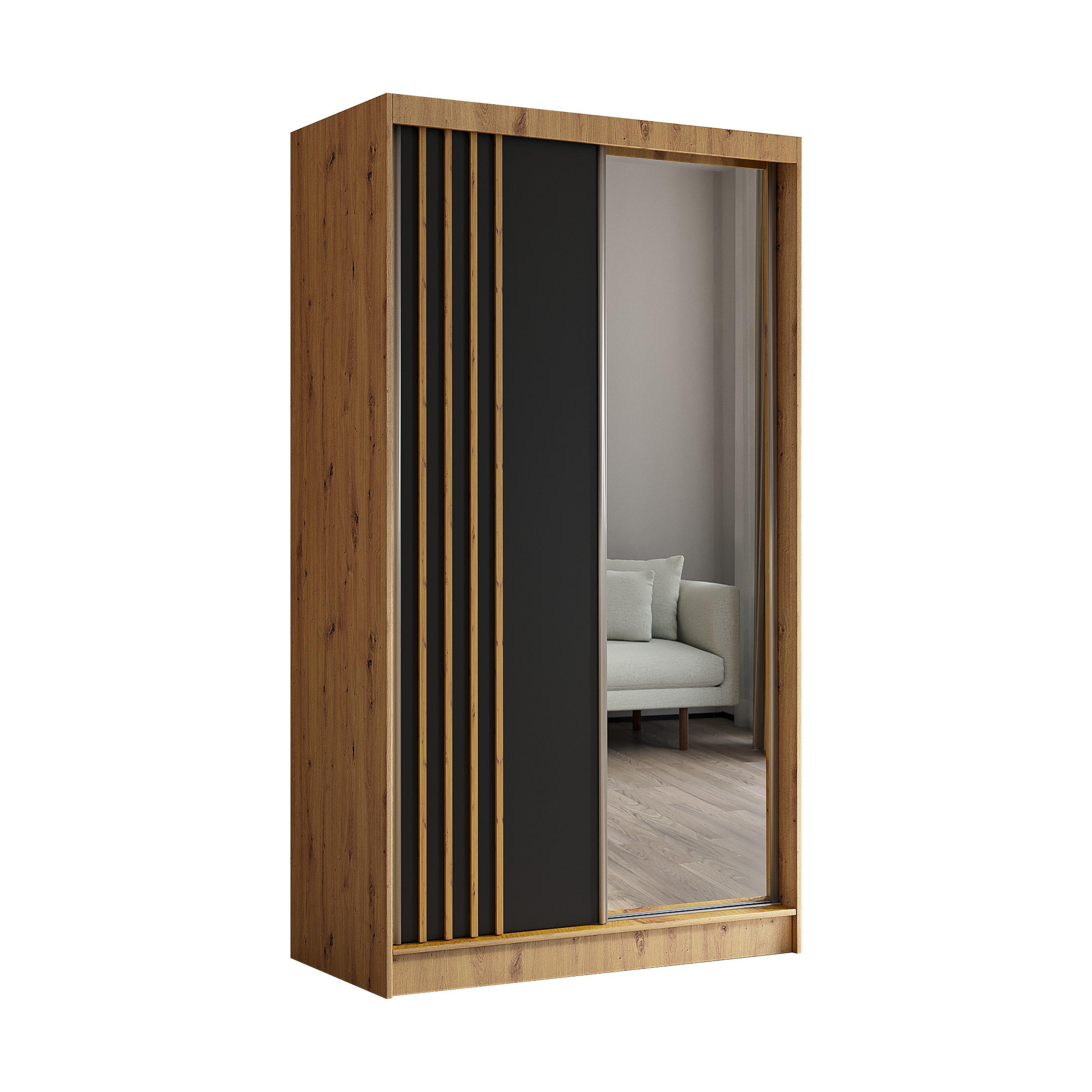 SCHWEBETÜRENSCHRANK Neli 120 cm mit Lamellen und Spiegel 2-türig, Artisan, schwarz, Lamelle Artisan - Braun/Eiche Artisan, Kunststoff (120/216/61cm) - Margaret Hadas24
