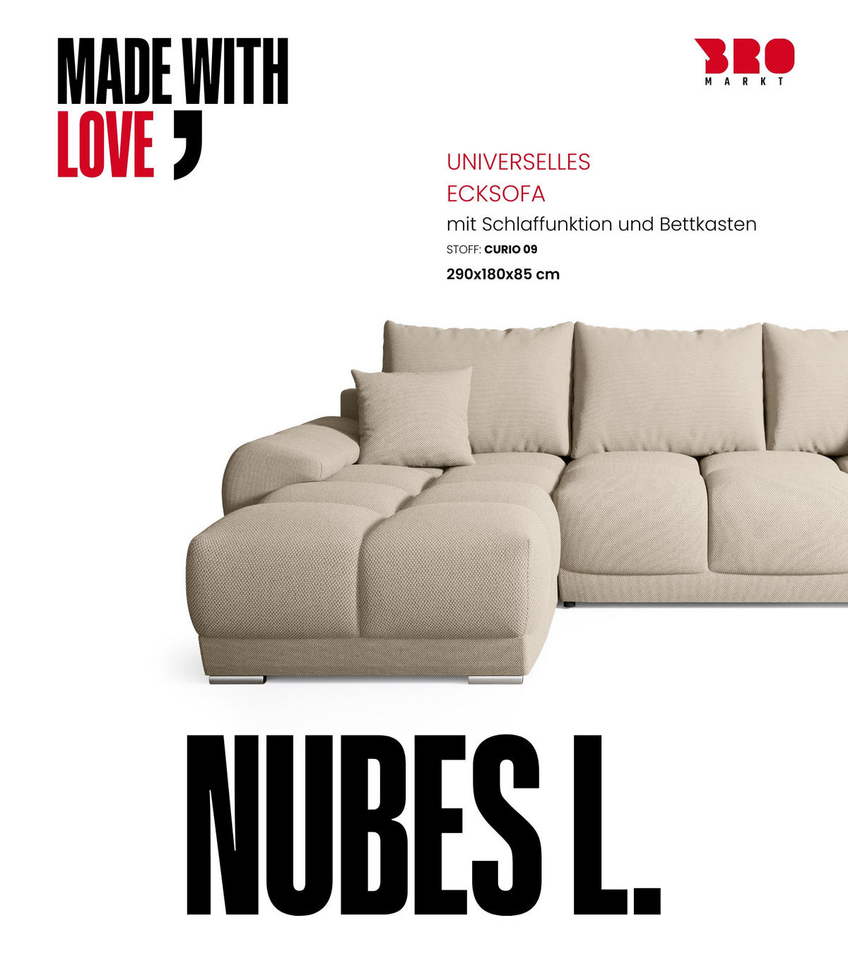 ECKSOFA Nubes mit Schlaffunktion Beige - Beige/Silberfarben, Kunststoff/Textil (290/180cm) - Bromarkt