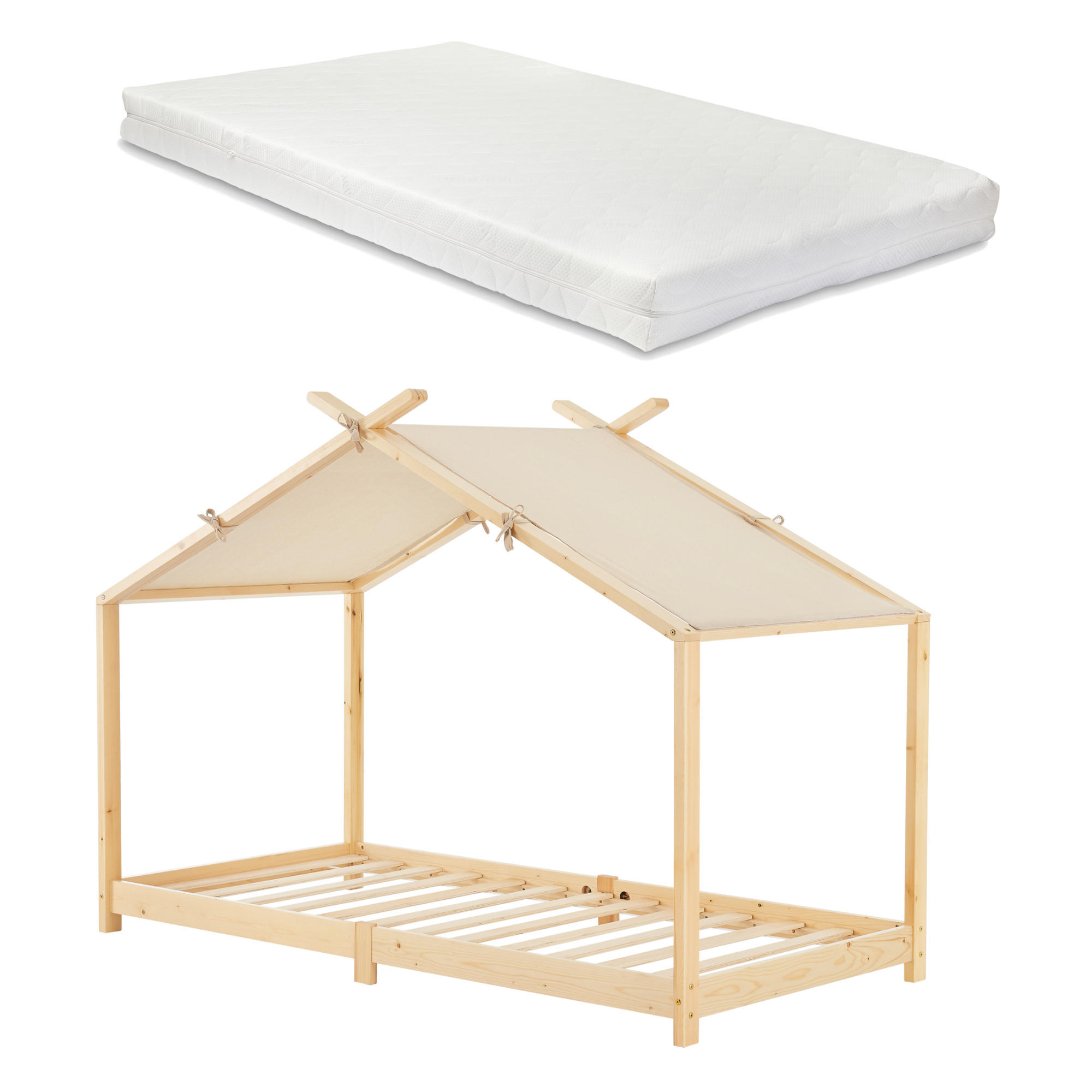 HAUSBETT Brome mit Matratze - Naturfarben, Holz/Textil (90/200cm) - [en.casa]