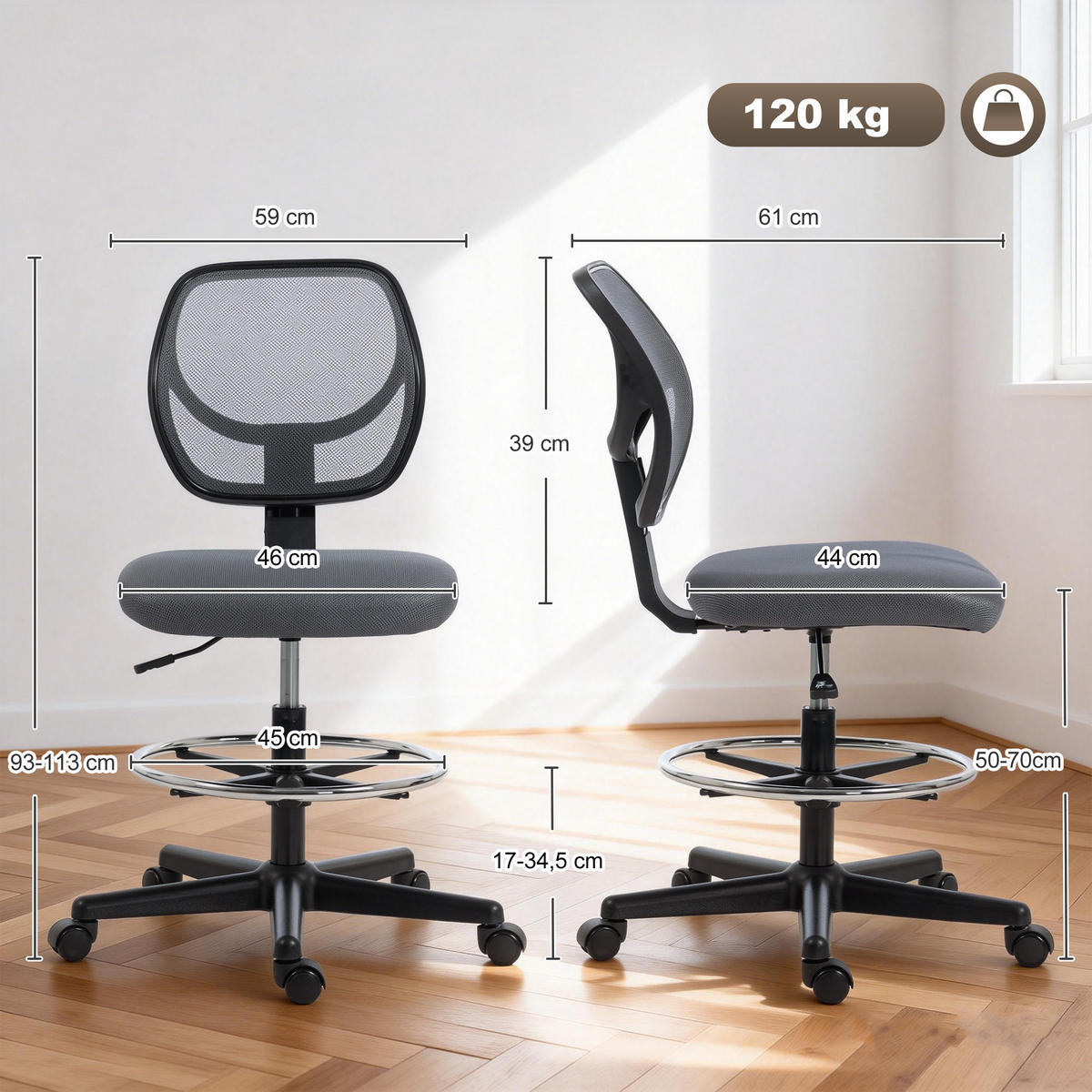 BÜROSTUHL Dunkelgrau, Höhenverstellbar, 59/61/93-113 cm - Dunkelgrau, Metall (61/113/59cm) - PANGIVO