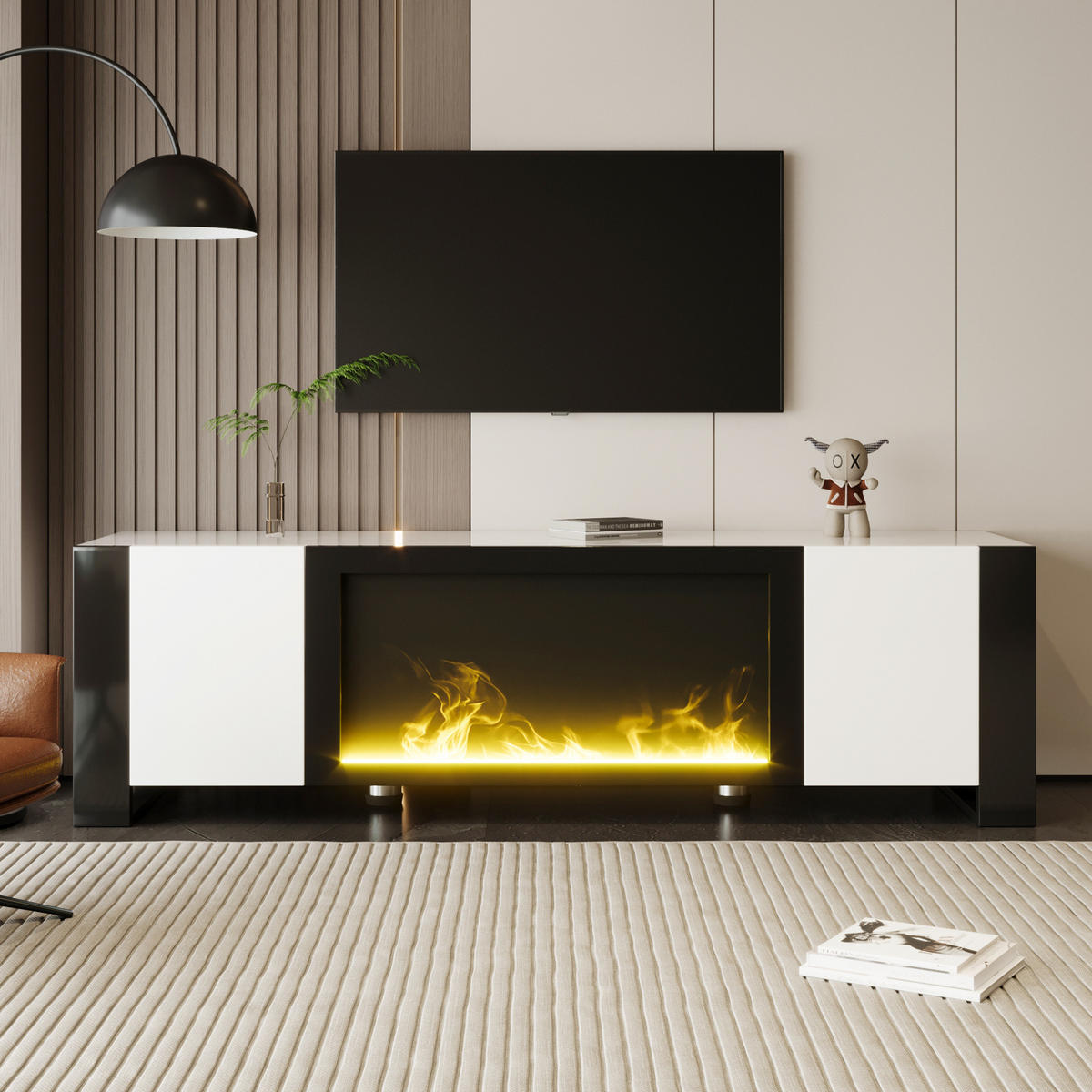 TV stolek 165/32/55 cm s elektrickým krbem, vysoký lesk a úložný prostor, Bílá/Černá - černá, kompozitní dřevo (165/55/32cm) - Redom