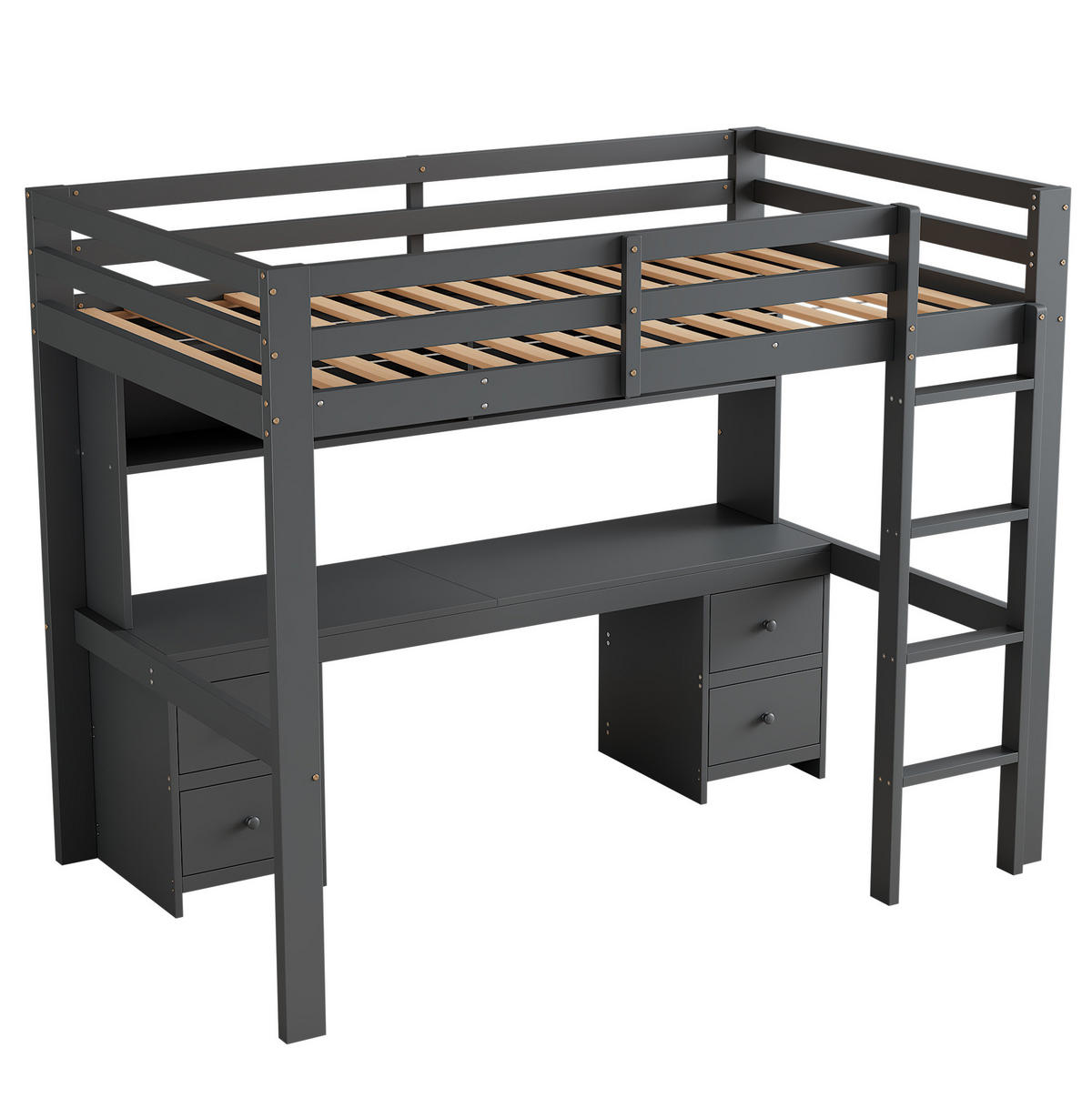 HOCHBETT aus Kiefernholz/MDF 90x200 cm in Grau mit Schreibtisch & Stauraum - Grau, Holz (90/200cm) - Modfu