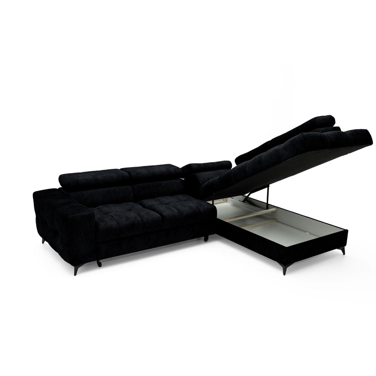ECKSOFA PUDDING L Rechts mit Schlaffunktion 128x197 Velours Schwarz - Schwarz, Holz/Textil (204/270cm) - Muffo