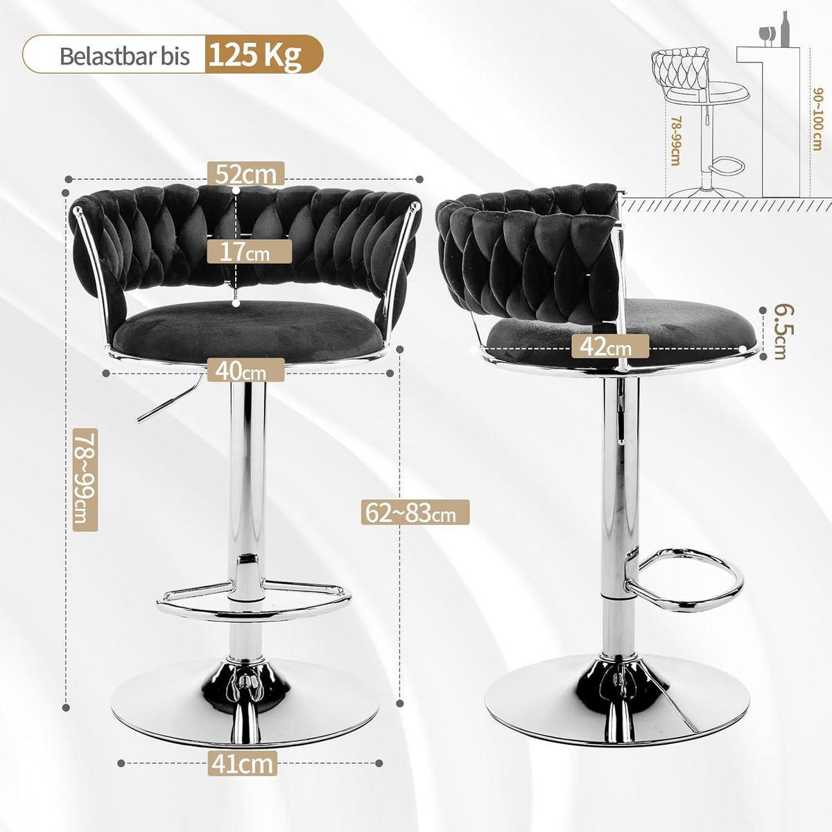 BARHOCKER 2er Set Samt Schwarz Höhenverstellbar - Schwarz, Textil (48/78/51cm)