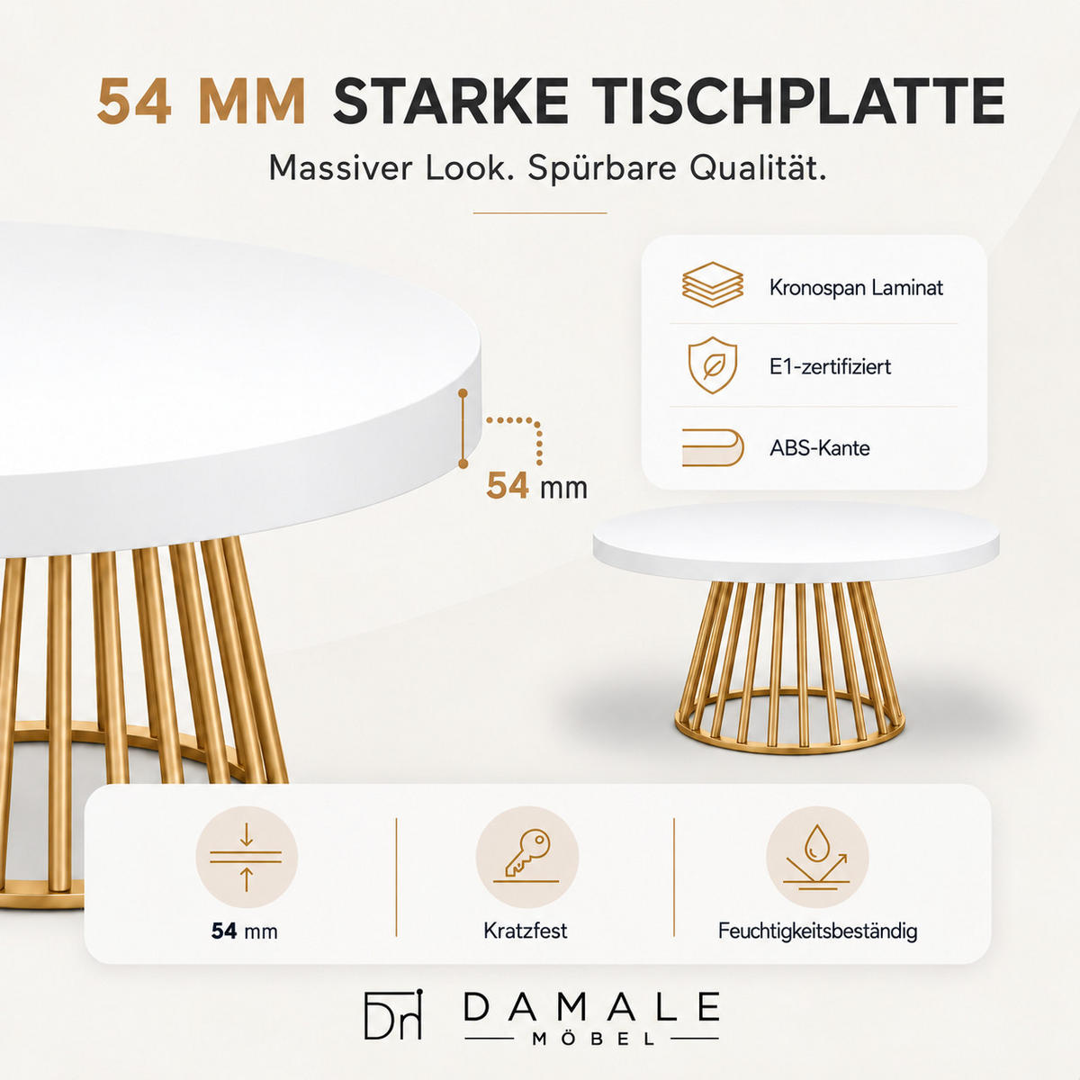 ESSTISCH rund ausziehbar 110/310/76 cm, Weiß, 54 cm Tischplatte + Lamellen-Metallgestell Gold - Goldfarben/Weiß, Holzwerkstoff/Metall (110/310/76cm) - Damale Möbel