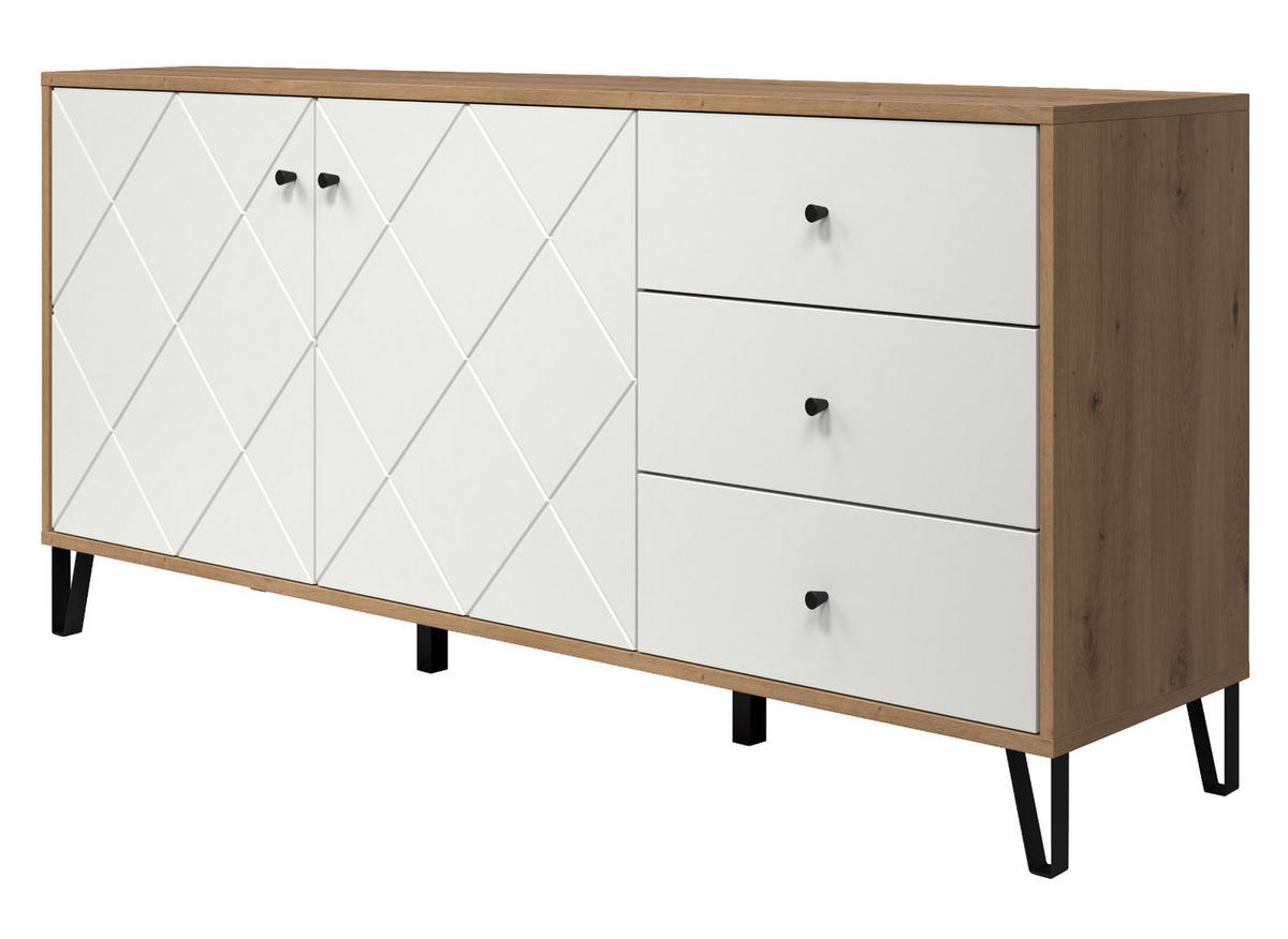 SIDEBOARD weiß matt mit Rautenoptik, Eiche Artisan 183 cm, Kommode mit Soft-Close - Eichefarben/Schwarz, Holzwerkstoff/Kunststoff (183/76/40cm) - Top.Furn