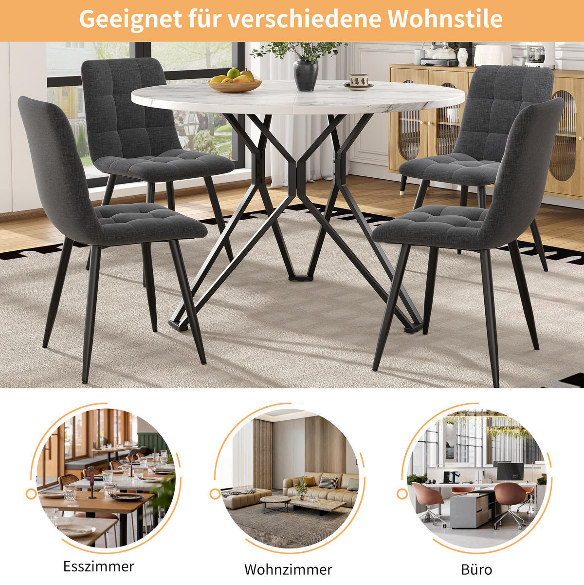 ESSTISCH aus MDF 100x100x76 cm Schwarz mit Marmoroptik, Metallgestell und verstellbaren Füßen - Schwarz, Holzwerkstoff (100/100/76cm) - Modfu