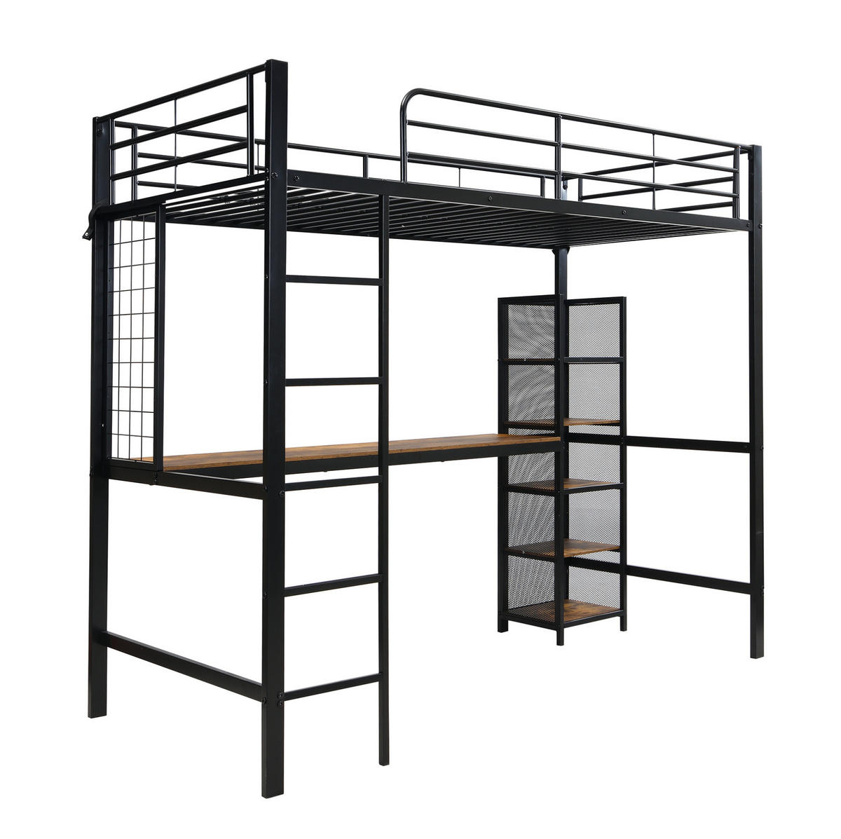 HOCHBETT aus Metall und MDF 90x200 cm Schwarz-Dunkle Holzfarbe mit Schreibtisch, 5-stufigem Regalschrank und Metallgitter - Schwarz, Holzwerkstoff (90/200cm) - Modfu