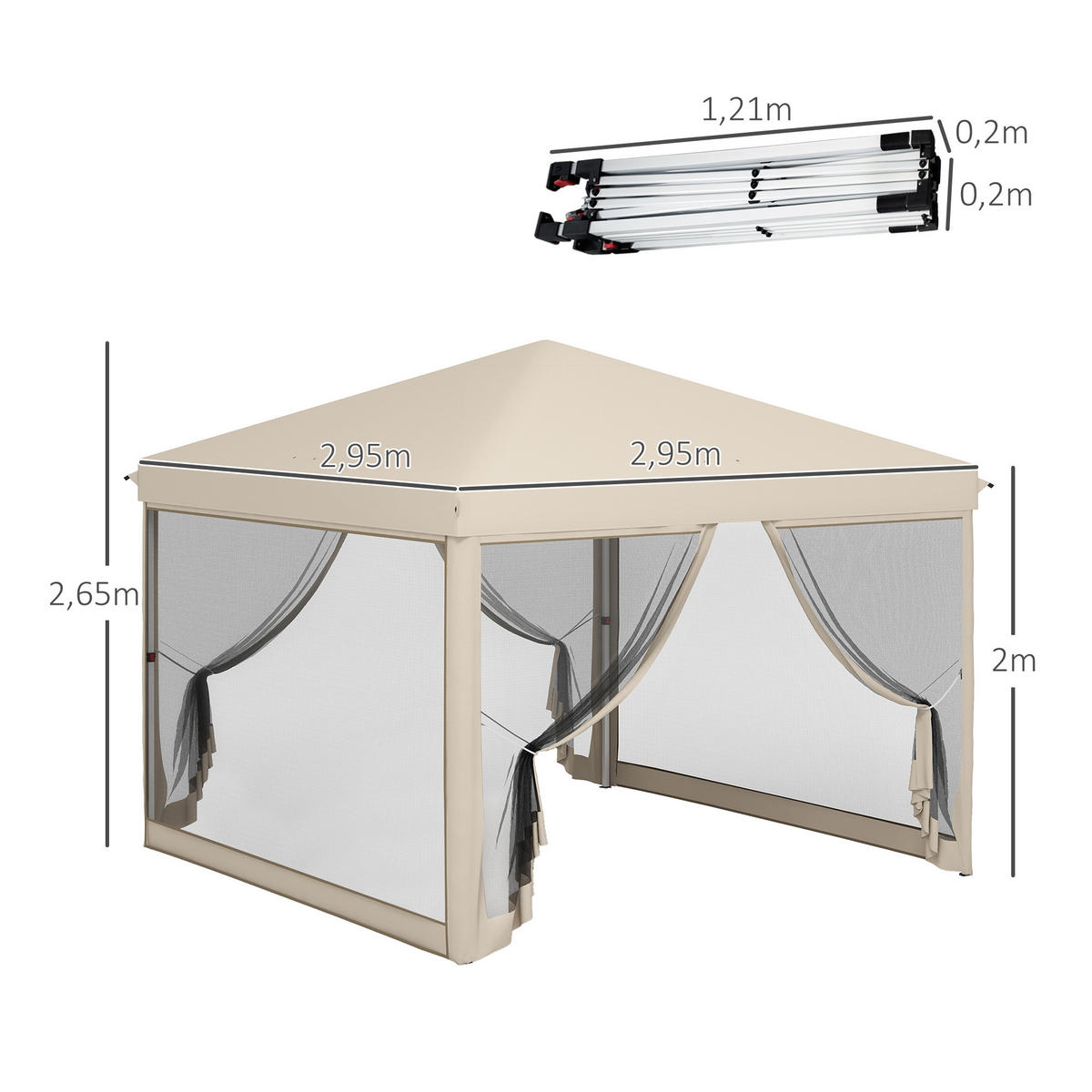 PAVILLON, wasserdicht, 4 Moskitonetze + Tragetasche,3 x3x2,65 m - Beige, Metall (295/265/295cm) - Vallsero