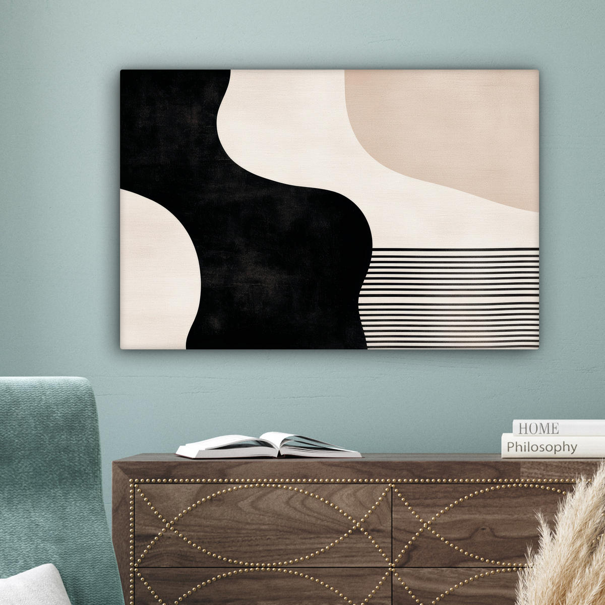 LEINWANDBILD Abstrakt - Japandi - Beige - Modern Wanddeko 90x60 cm - Schwarz, Textil (90/60cm) - MuchoWow