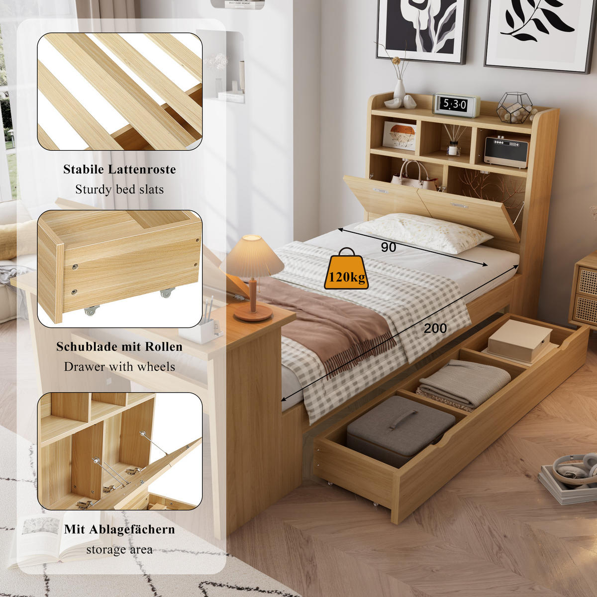 JUGENDBETT 90/200 cm in Natur mit Stauraum, Klapptisch und Kopfteilregal - Naturfarben, Holzwerkstoff - STILVORA