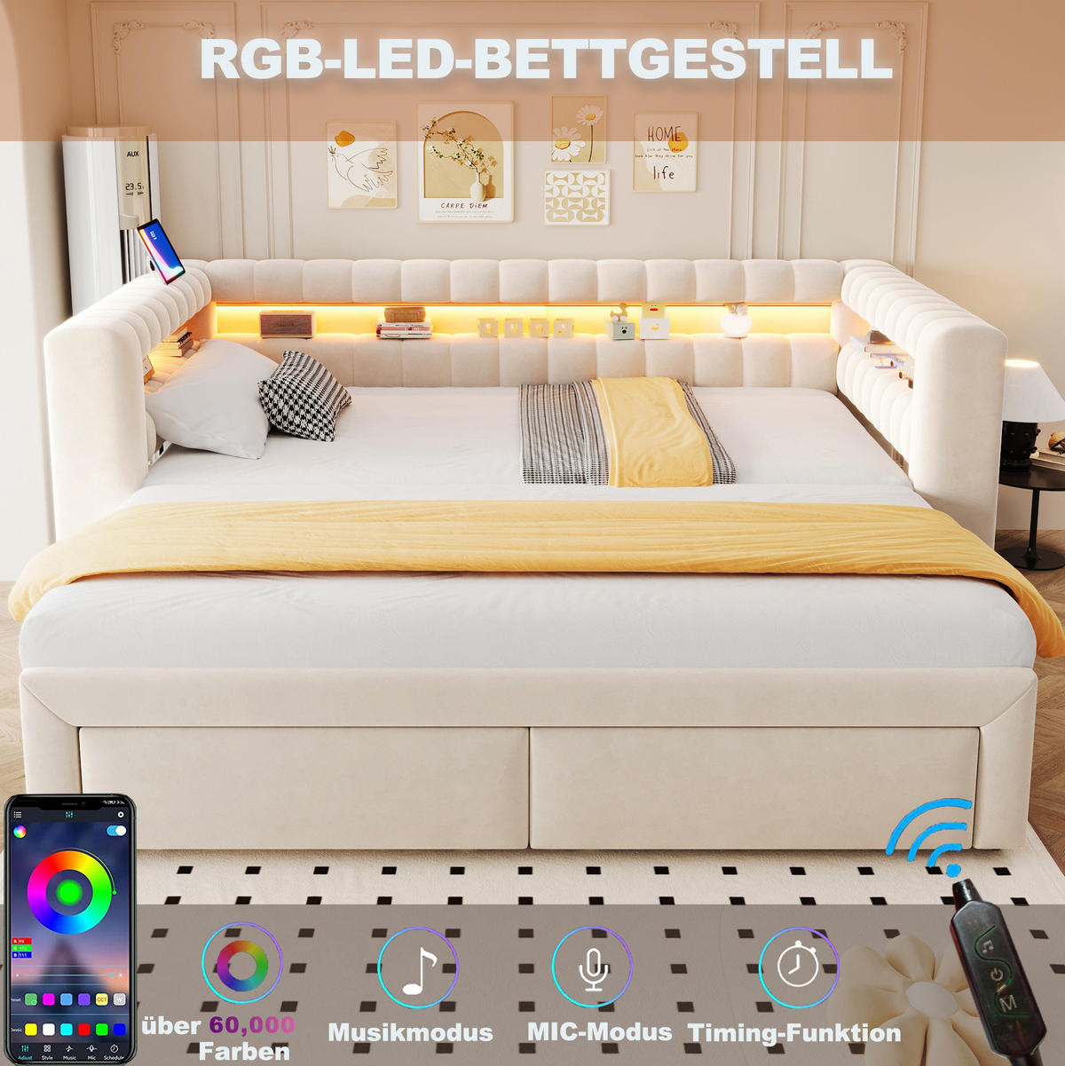 ČALOUNĚNÁ rozkládací postel 90/190 cm s výsuvným lůžkem, úložným prostorem, LED a USB/USB-C, Béžová - béžová, textil (90/190cm) - Redom