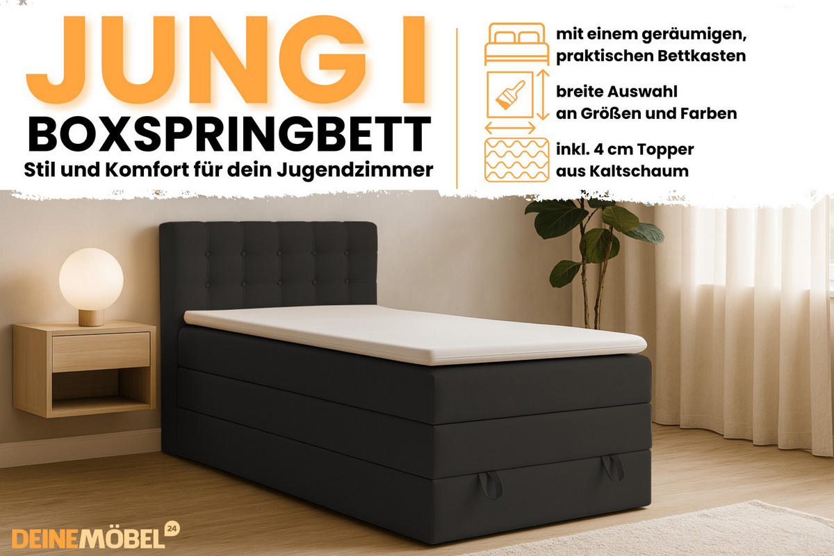 BOXSPRINGBETT JUNG 1 90/200 Velours Schwarz mit Matratzen H3 + H4 - Schwarz, Holz/Holzwerkstoff (92/200cm) - Deine Möbel 24