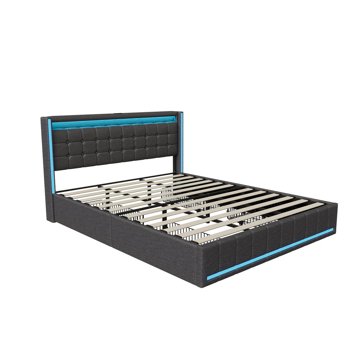 POLSTERBETT 180/200 cm Grau, mit 4 Schubladen, LED und Ladefunktion - Dunkelgrau, Holz/Metall (180/200cm) - Joyfair