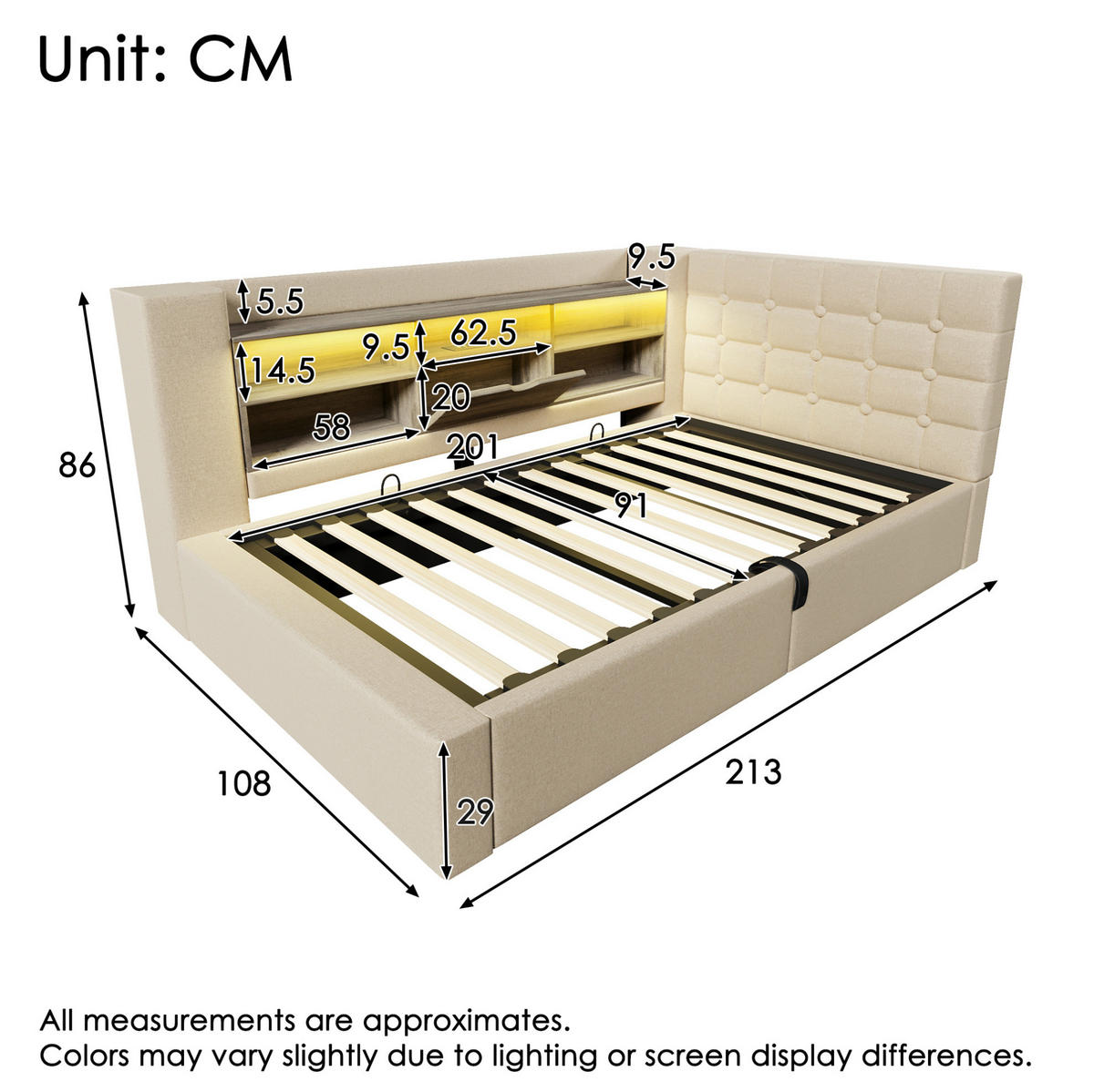 POLSTERBETT 90/200 cm Beige aus Leinen mit Stauraum und LED - Beige, Textil (90/200cm) - OKMYHOME