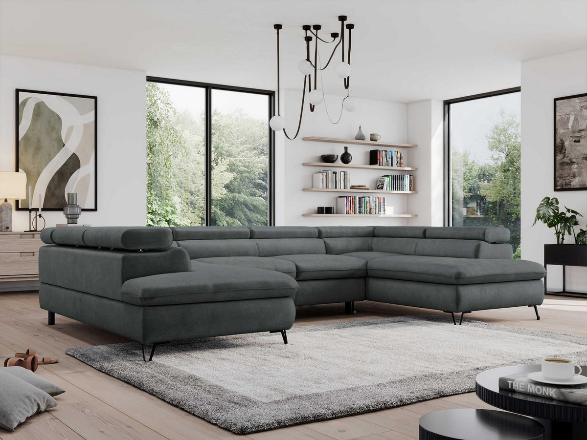 WOHNLANDSCHAFT PEDRO U Samt Dunkelgrau - Dunkelgrau/Schwarz, Textil/Metall (346/76/208cm) - MKS