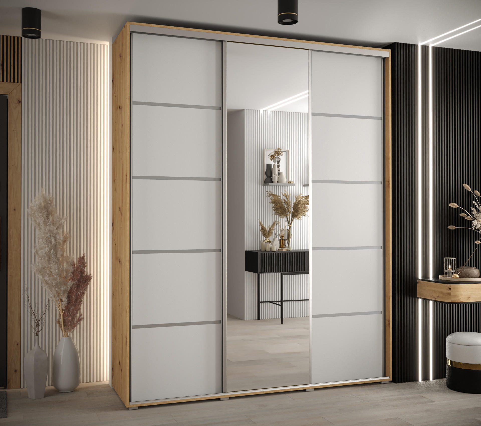 SCHWEBETÜRENSCHRANK 235,2/200/60 3-türig - Silberfarben/Weiß, Holz/Metall (200/235/60cm) - Abiks Möbel