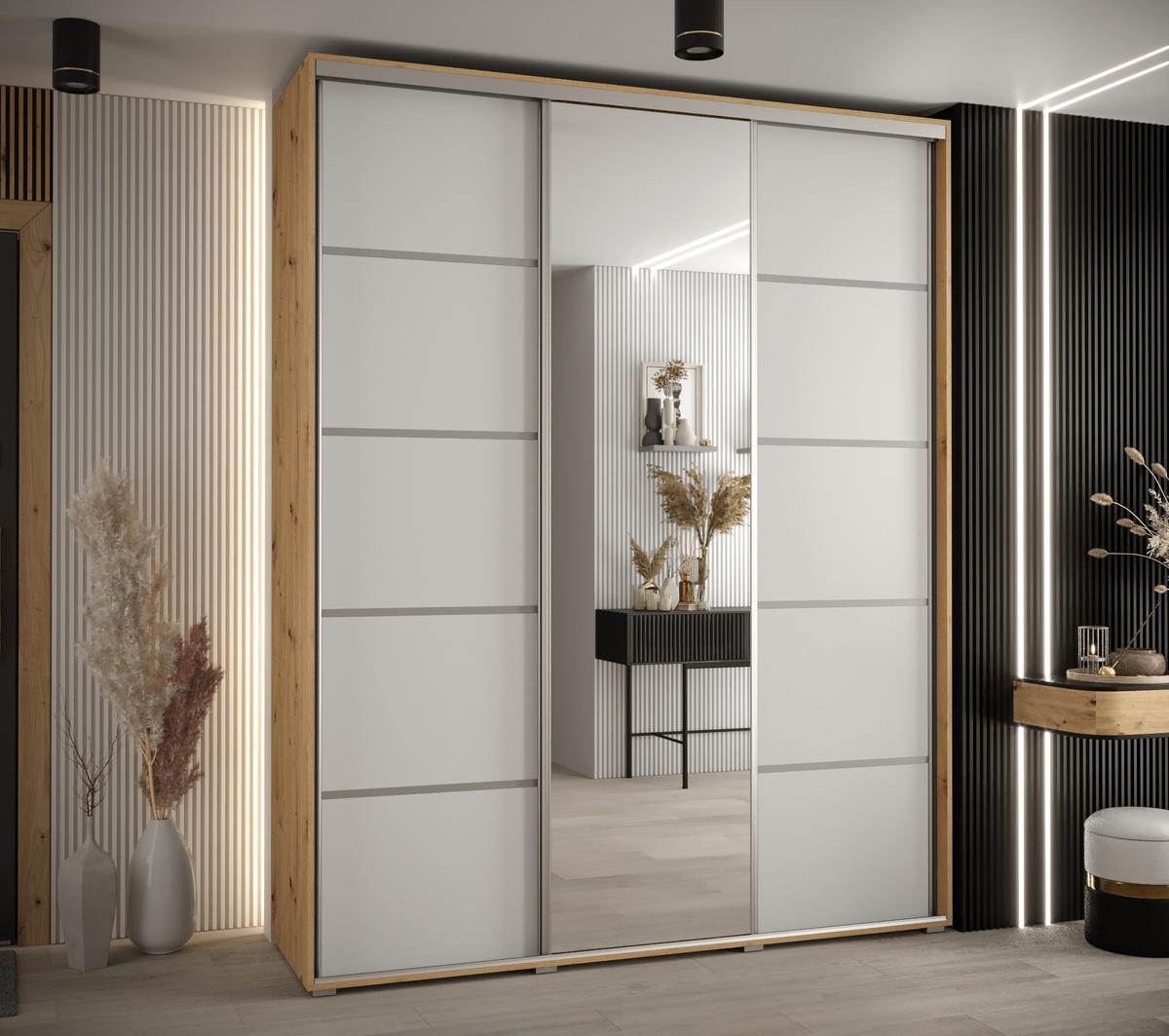 SCHWEBETÜRENSCHRANK 235,2/200/60 3-türig - Silberfarben/Weiß, Holz/Metall (200/235/60cm) - Abiks Möbel
