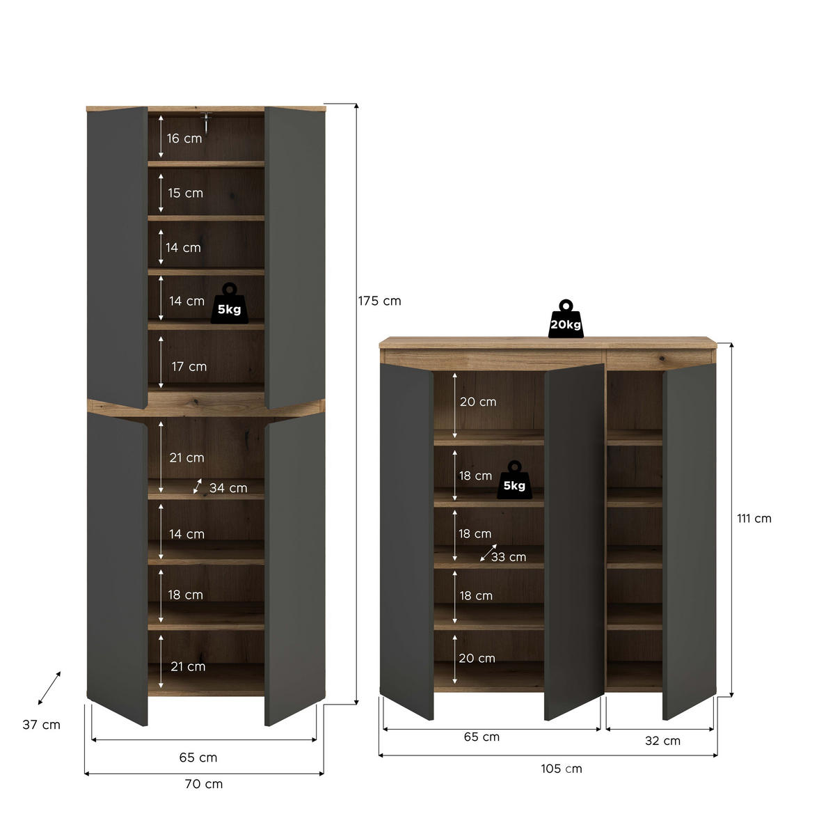 UNIVERSALSCHRANK SCARPA 2-tlg. (B/H/T: ca. 190/175/37 cm) in Evoke Oak Nachbildung/anthrazit - Eichefarben, Holzwerkstoff (190/175/37cm)