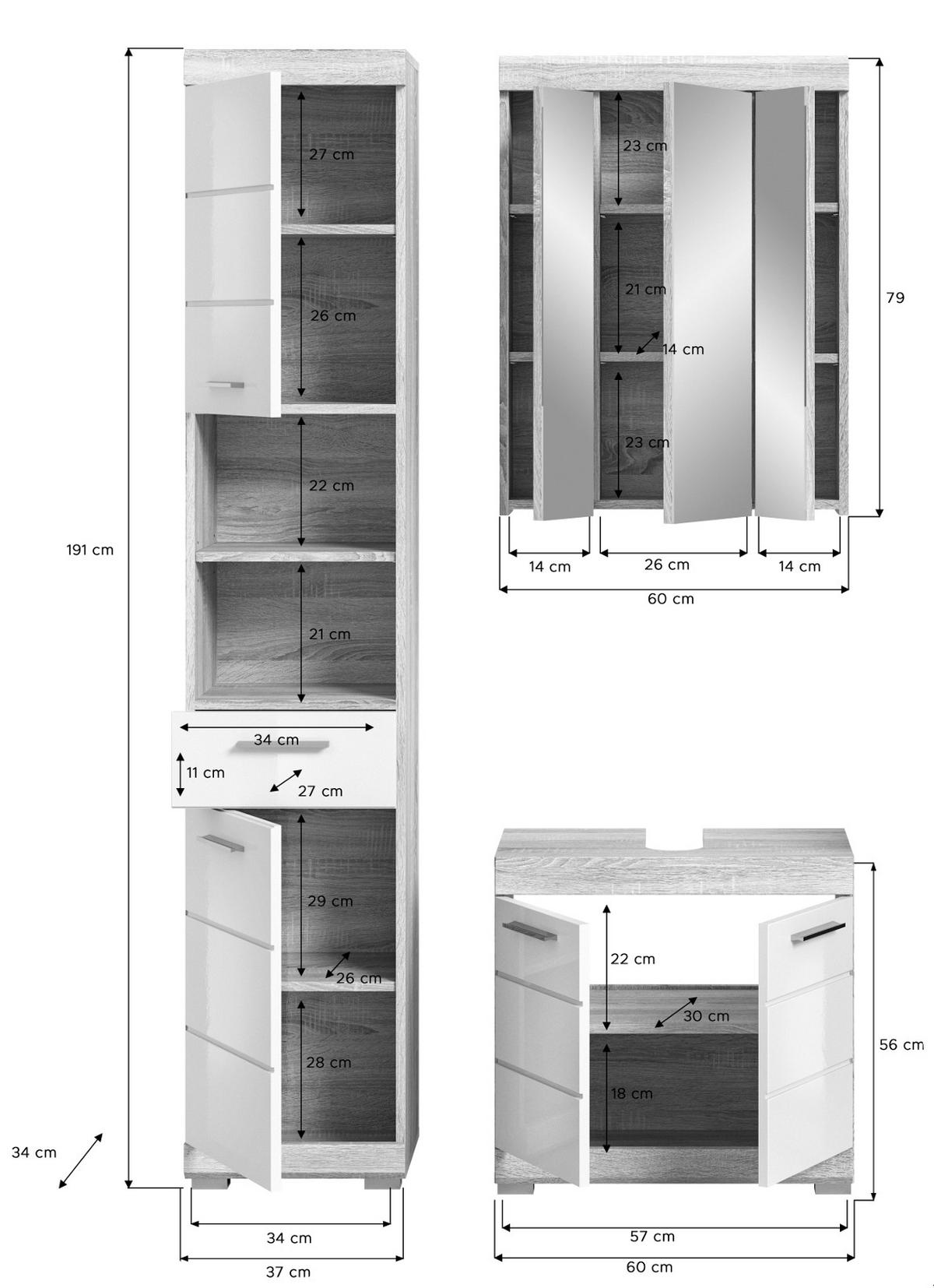 BADMÖBEL-SET weiß Hochglanz, Eiche 3-teilig 112 cm, Kombination mit viel Stauraum - Weiß Hochglanz/Eichefarben, Holzwerkstoff (112/191/34cm) - Inn.Furn