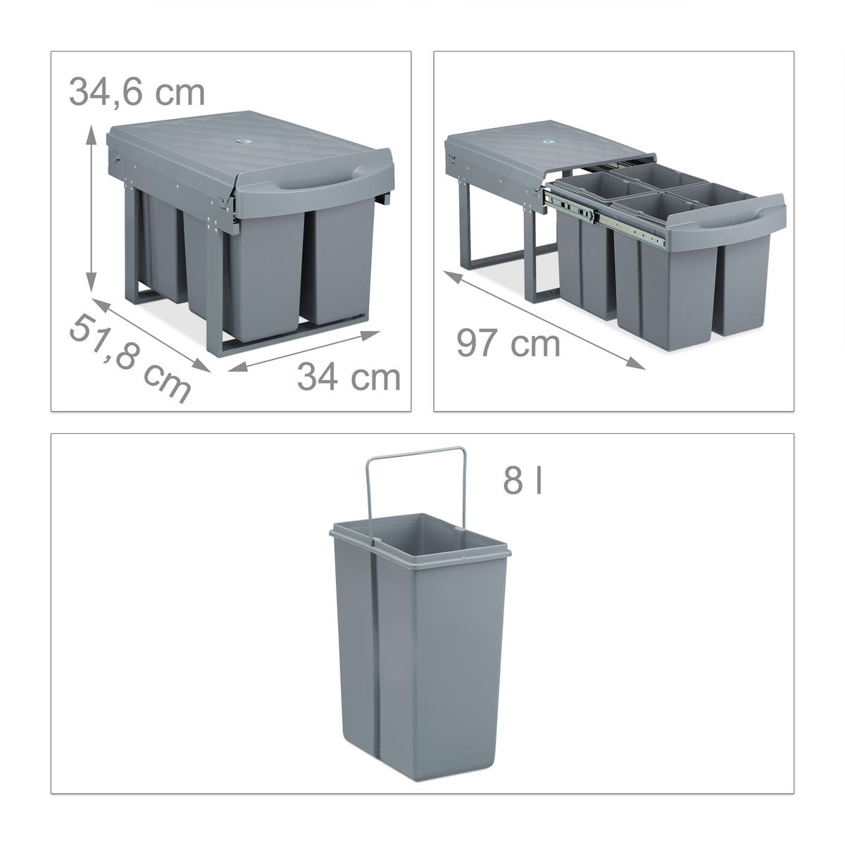 EINBAUMÜLLEIMER 4x8L - Grau, Kunststoff/Metall (34/34.6/51.8cm) - Relaxdays