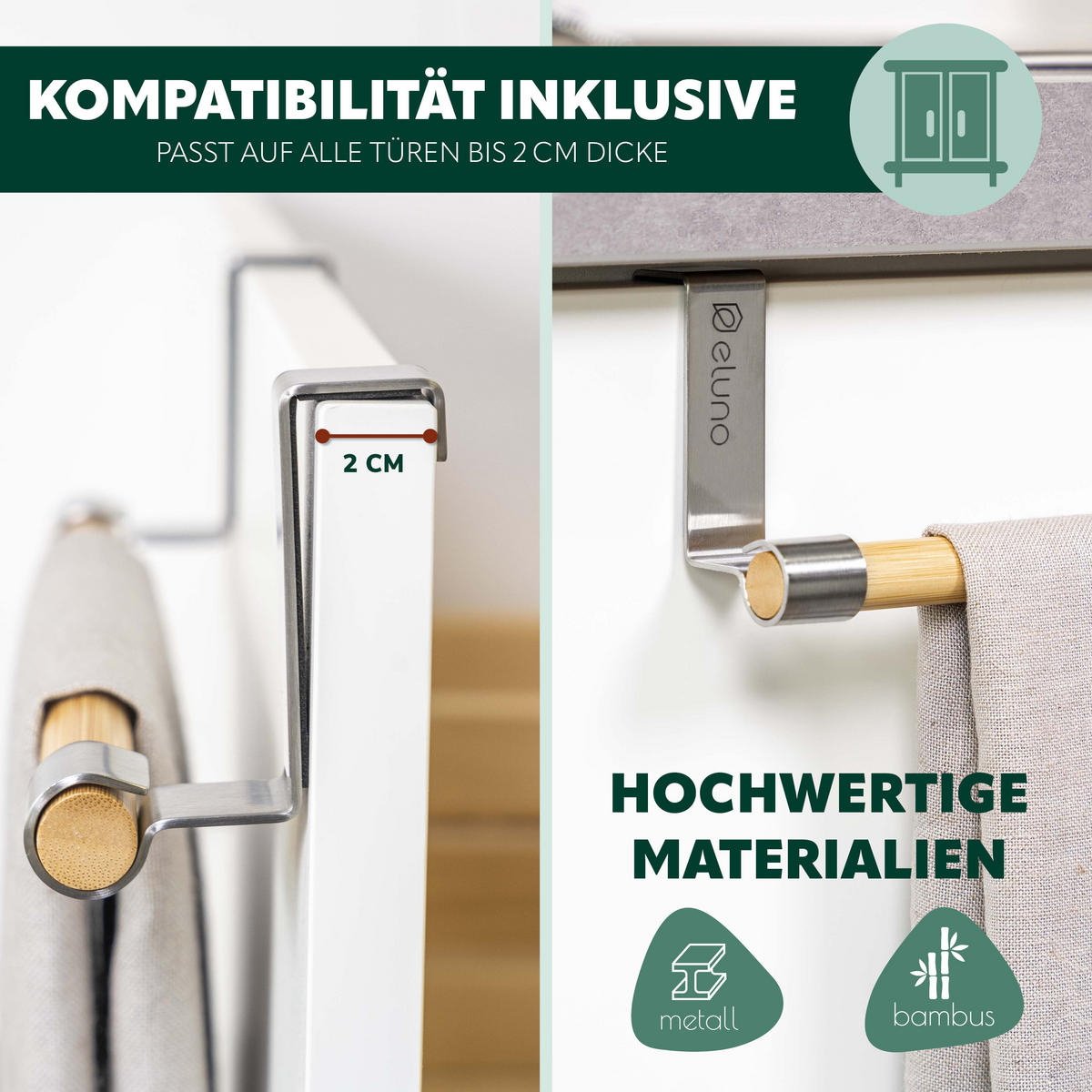 GESCHIRRHANDTUCHHALTER, Edelstahl, Bambus - Edelstahlfarben, Metall (25/7.5/6cm) - eluno