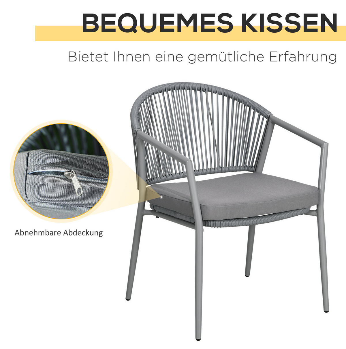 GARTENGARNITUR 3-teilig Ø48×46cm mit 2 Stühlen und Tisch,in Rattanoptik mit Kissen - Hellgrau, Naturmaterialen - Modfu