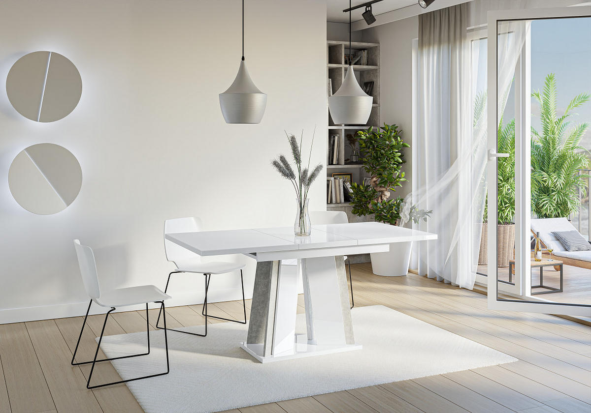 ESSTISCH Ausziehbar 120 - 160 cm Weiß Hochglanz und Grau Betonoptik - Weiß Hochglanz/Grau, Holzwerkstoff (120/80/75cm) - PROSPERO