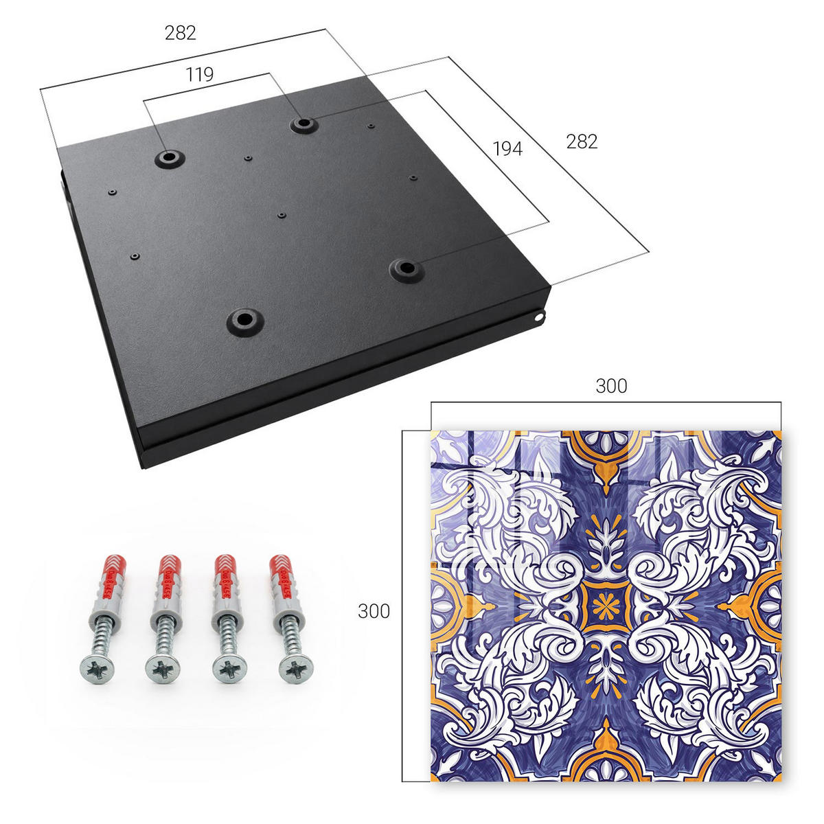 SCHLÜSSELBOX Schwarz 30x30 cm- Türöffnung nach rechts - Pflanzenornament - Blau, Metall (30/30/5cm) - TULUP