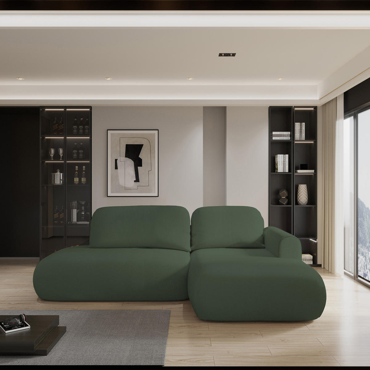 ECKSOFA NUVIRA R-S Grün Geflochtener Stoff mit Schlaffunktion - Grün, Holz (279/158cm) - MASSENO