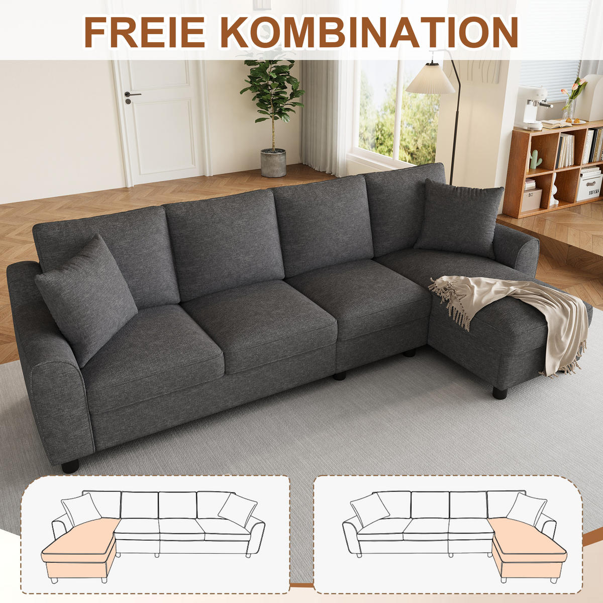 ECKSOFA L Form 3-Sitzer Chenille Stauraum Getränkehalter Grau 280cm - Grau, Textil (280/136cm) - FLIEKS