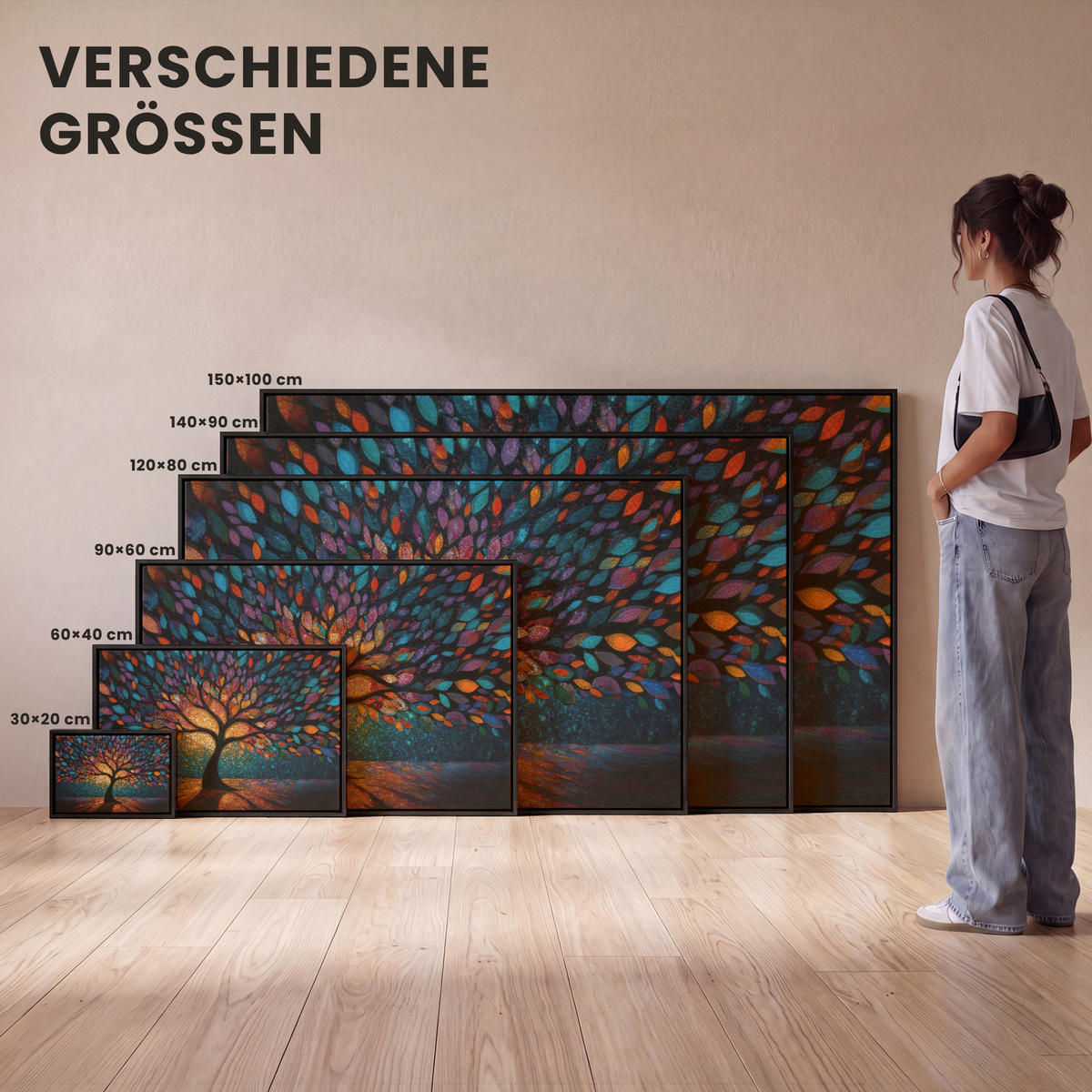 LEINWAND Bilder mit Rahmen - Mosaik - Bunt - Baum - Äste - 150x100 - Multicolor, Textil (150/100cm) - MuchoWow