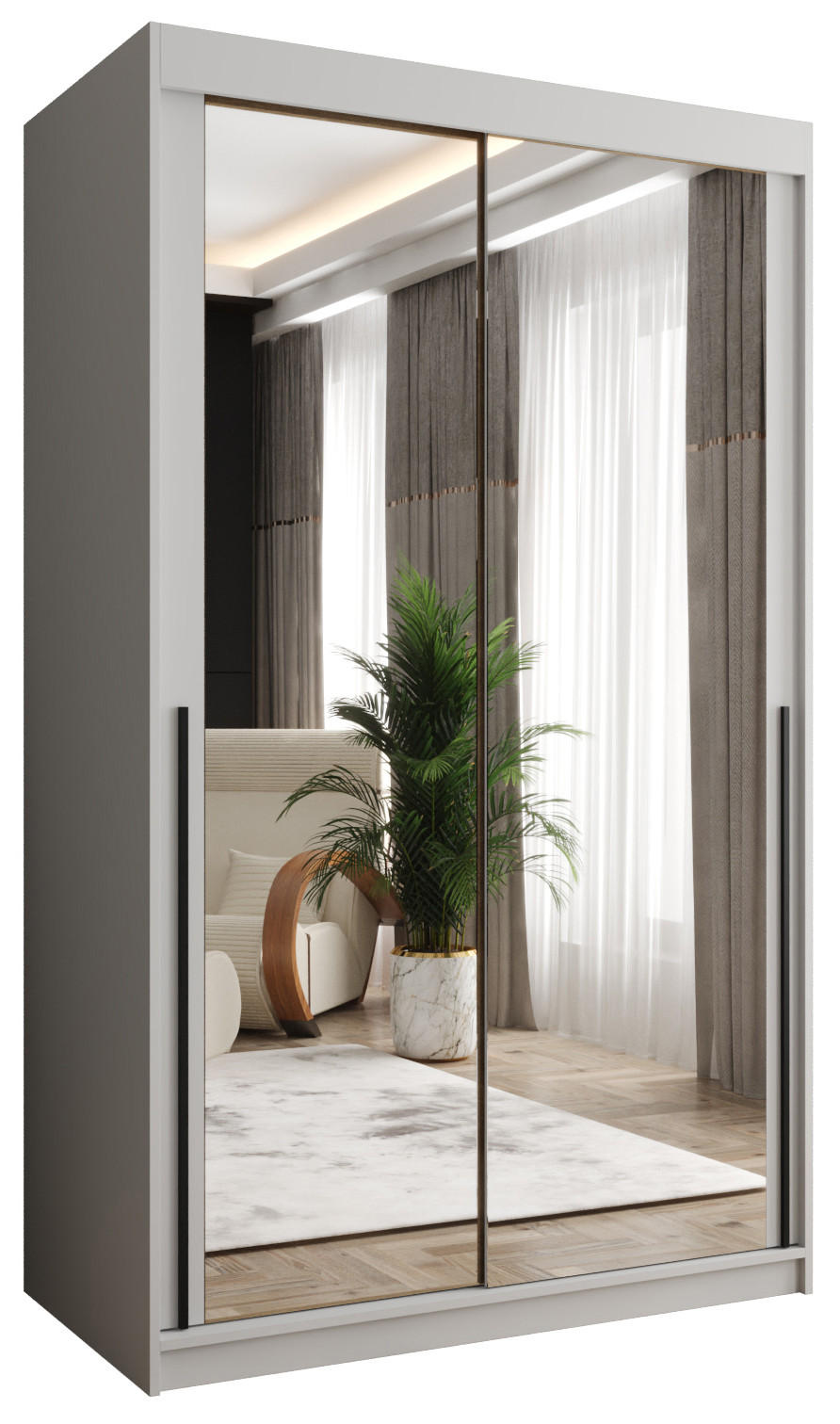 Home Collective ŠATNÍ SKŘÍŇ S POSUVNÝMI DVEŘMI se zrcadlem, šířka 120 cm, bílá s černým madlem