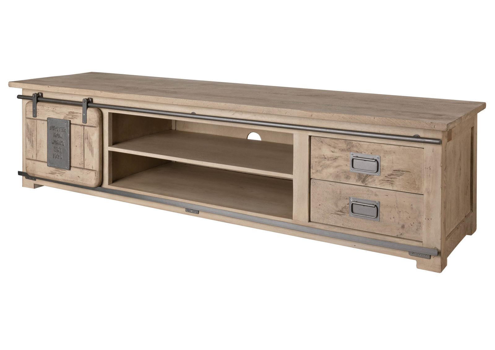 TV-BOARD Mango 200x55x50 whitewash lackiert RAILWAY #336 - Beige, Holz (55/50/200cm) - Massivmoebel24