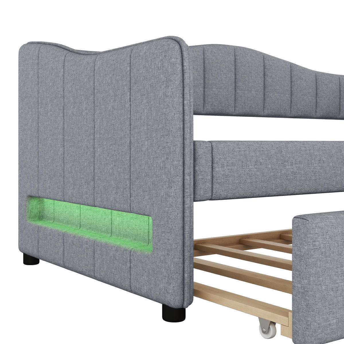 TAGESBETT 90x200cm Grau Leinen Mit Ausziehbett & Ambiente-Licht - Grau, Naturmaterialien (90/200cm) - FLIEKS