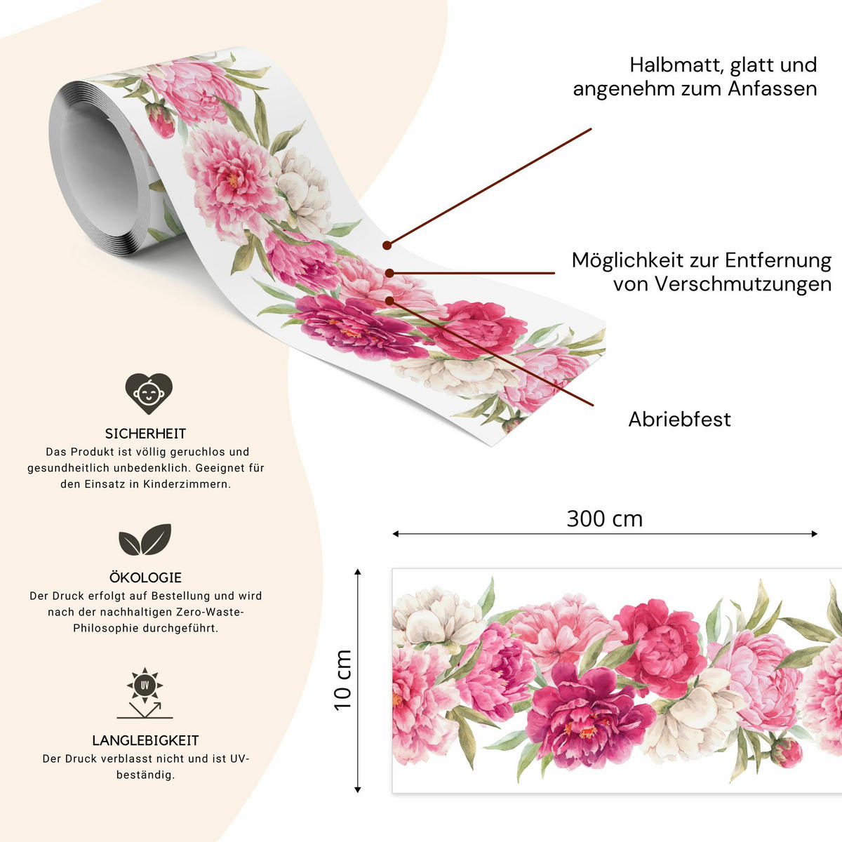 TAPETENBORDÜRE selbstklebend Pfingstrosen Blumen Natur - Beige/Weiß, Papier (10/300/300cm) - Muralo