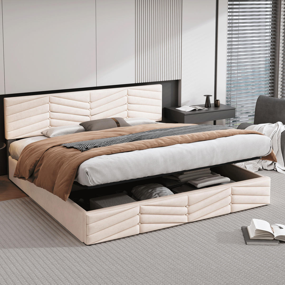SAMT-POLSTERBETT 160/200 cm mit Bettkasten und höhenverstellbarem Kopfteil - Beige, Textil (160/200cm) - BEAOK