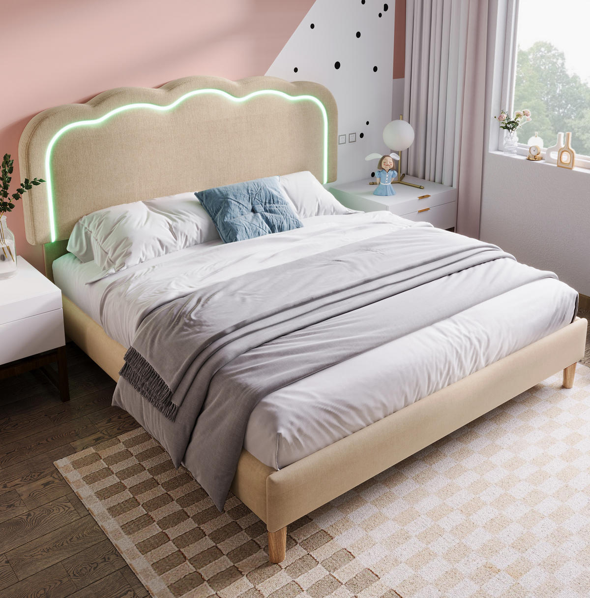 POLSTERBETT 140/200 cm Beige aus Leinen mit LED-Kopfteil - Beige, Textil (140/200cm) - OKMYHOME