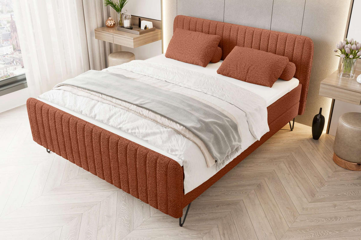 BOXSPRINGBETT LUCIO Bouclé-Stoff Terracotta 160/200 cm - Terracotta/Schwarz, Textil/Metall (160/200cm) - 99rooms