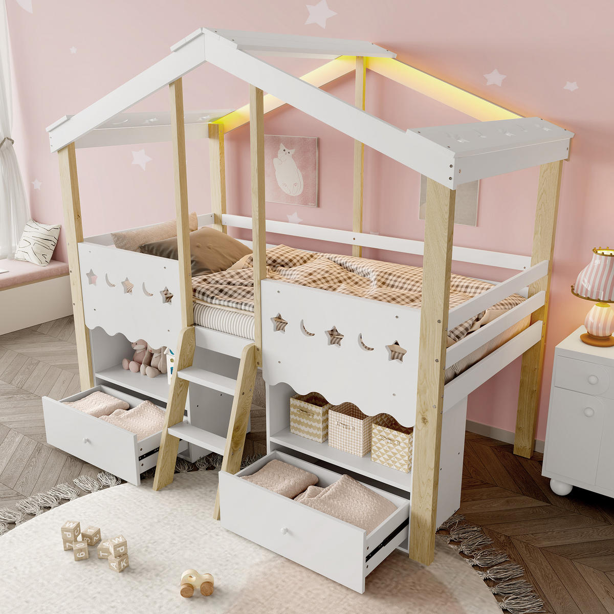 HALBHOHES BETT 90x200cm Weiß + Natur Hausform 2 Schubladen LED-Licht - Multicolor, Holz (90/200cm) - FLIEKS