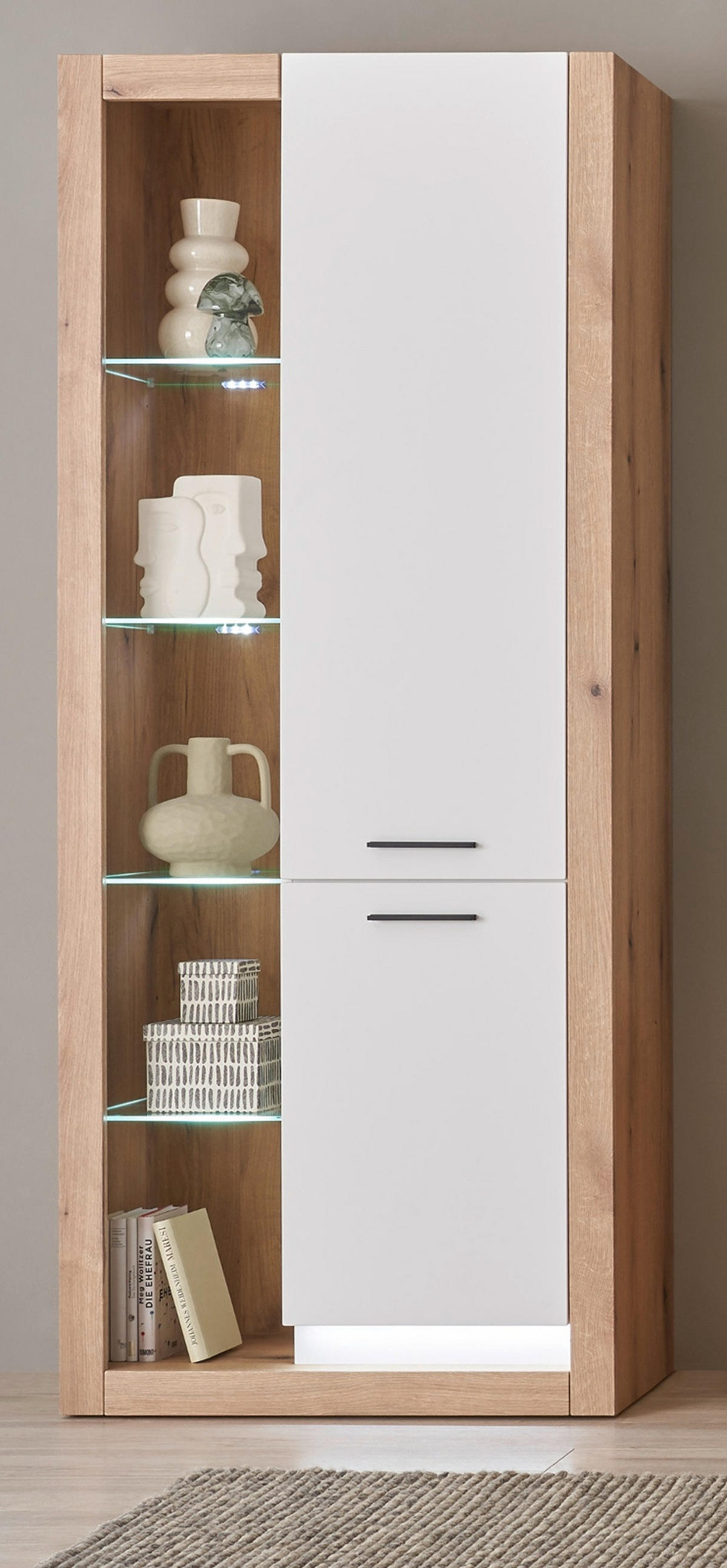 VITRINE weiß matt, Evoke Eiche, Vitrinenschrank 80 x 195 cm - Eichefarben/Silberfarben, Glas/Holzwerkstoff (80/195/37cm) - Furn.Design
