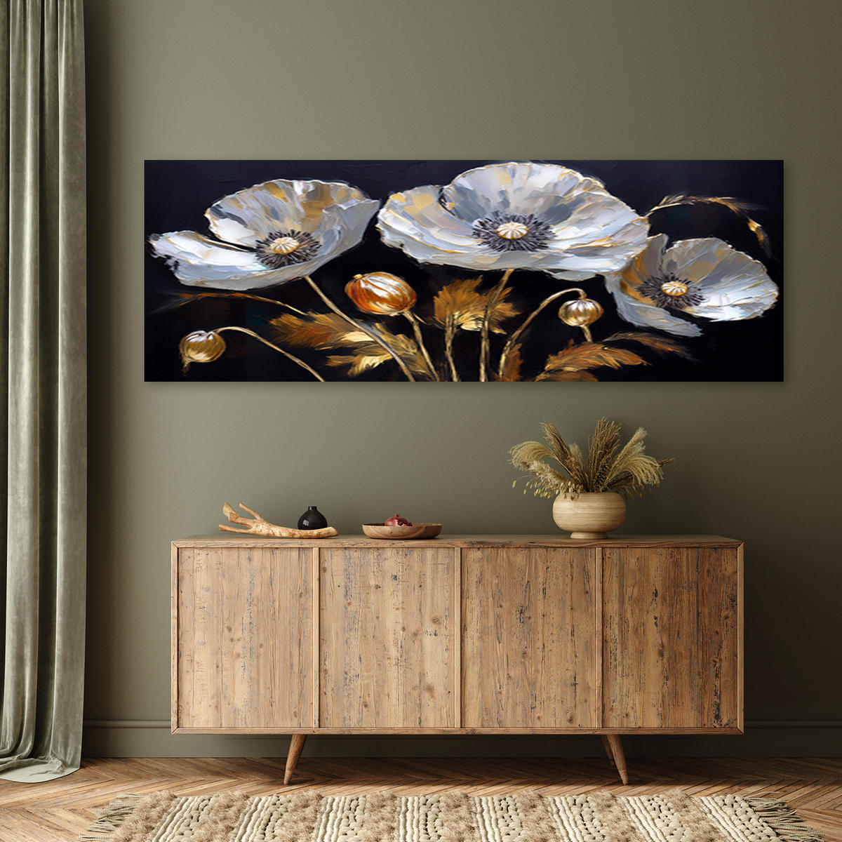 WANDBILD mohnblumen glamour silber - Schwarz, Textil (90/30cm) - Feeby